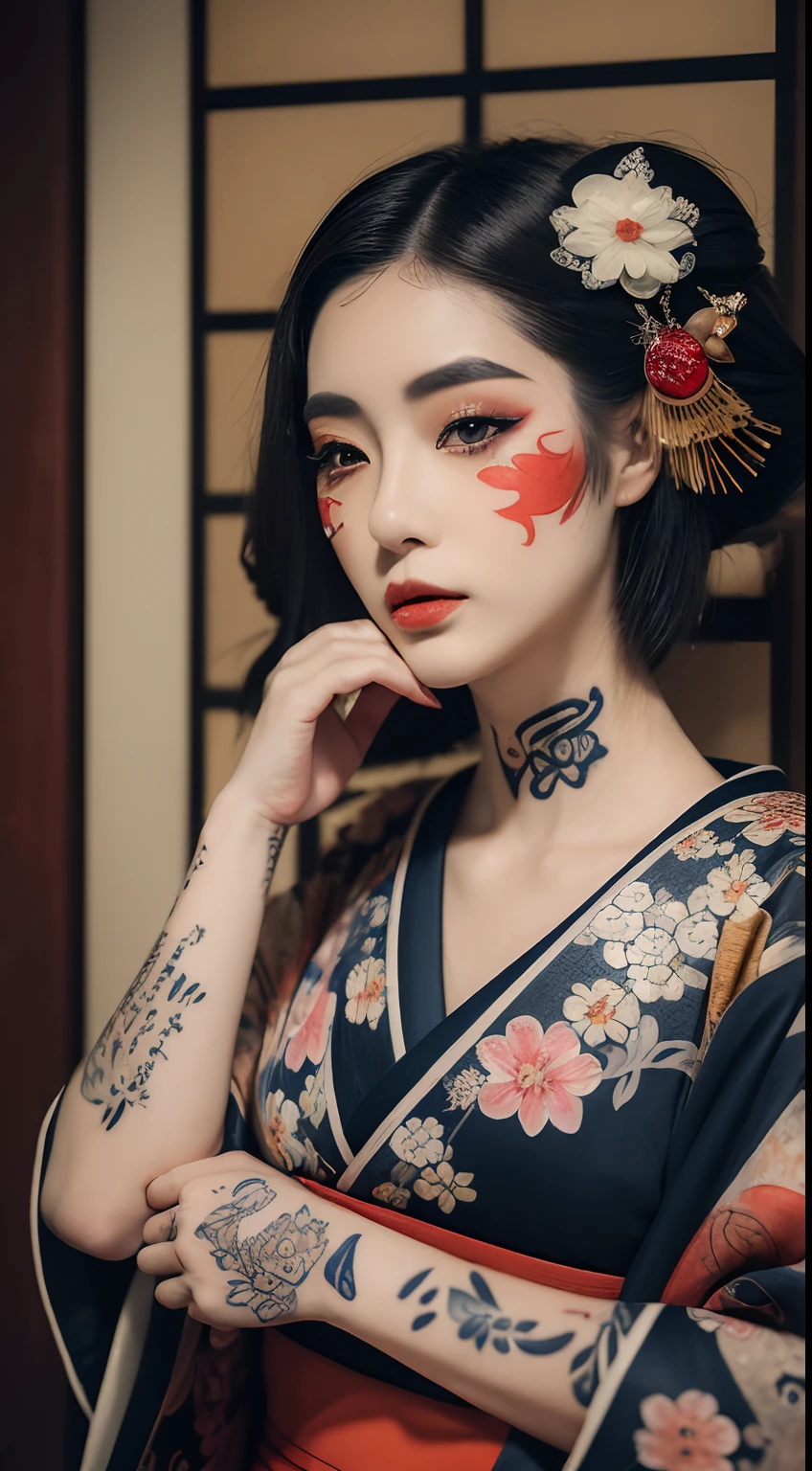 ((Best quality, 8k, Masterpiece :1.3)), Sharp focus:1.2 ((Beautiful geisha in kimono. Tattood face)) Detailed texture of tattooed face. Tattooed face, Tattooed neck detail. Tattooed chest detail, Tattooed skin detail, "In front of a glass wall. In the room, Full body_mix4, 20d, solo, photo-realistic:1.37