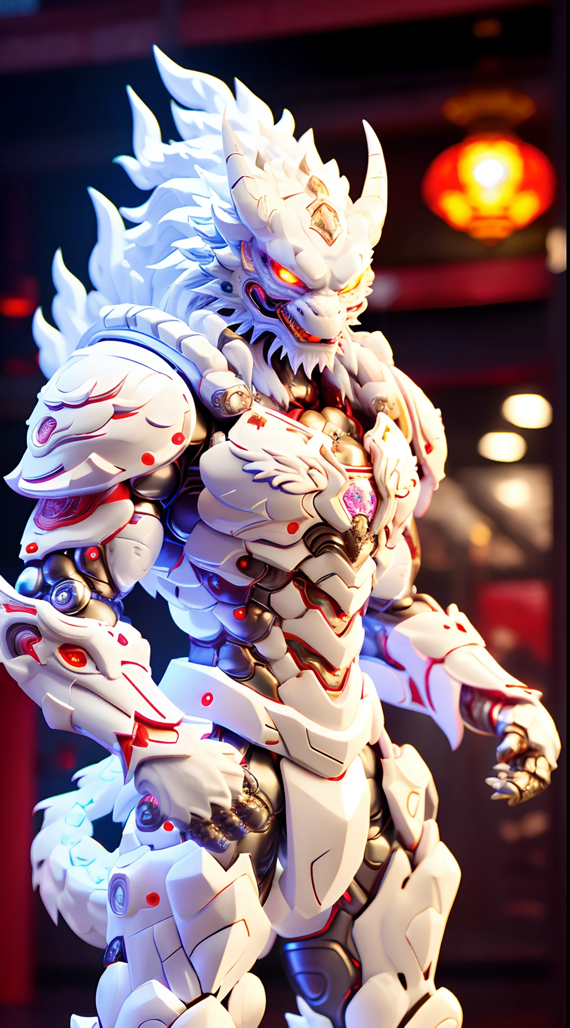 CHINESE DRAGON, WHITE DRAGON HEAD, HETEROCHROMIA EYE, CRYSTAL HEAVY ARMOR, TRANSPARANT, MUSCLE BODY.