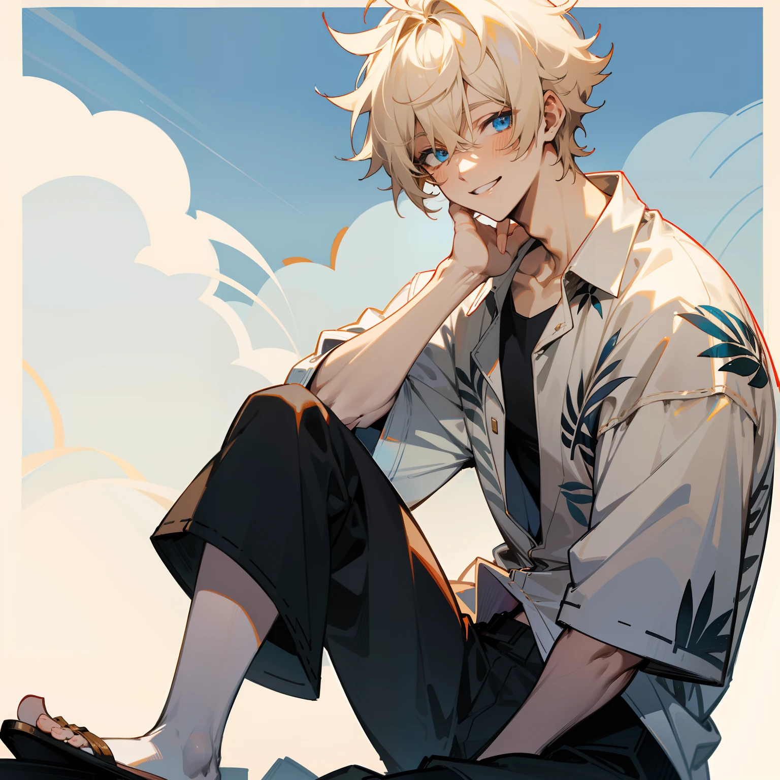 Whitish blonde hair , Loose fitting Hawaiian shirt and black pants loose , sandals , blue eyes , smiling face , 1male , lean build , spiky hair , messy hair , short hair , mature face