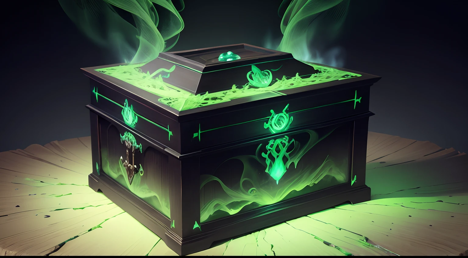 Visualize Pandora's box on a table, with eerie green smoke billowing out from its cracks, evoking an aura of mystery and foreboding