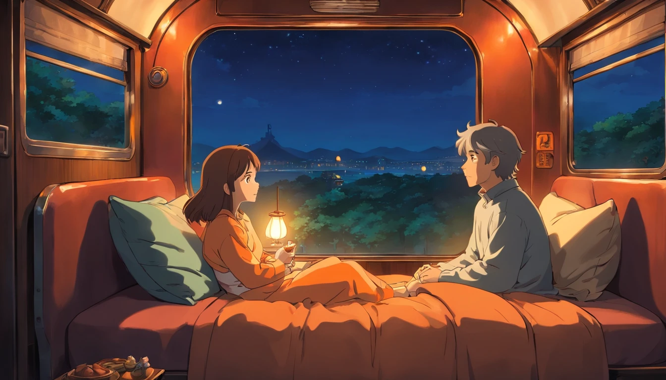 Man and woman sitting A Cozy room inside a train, comfy bed, window and its night time outside, dim orange light, dark outside, very cozy room inside the train.