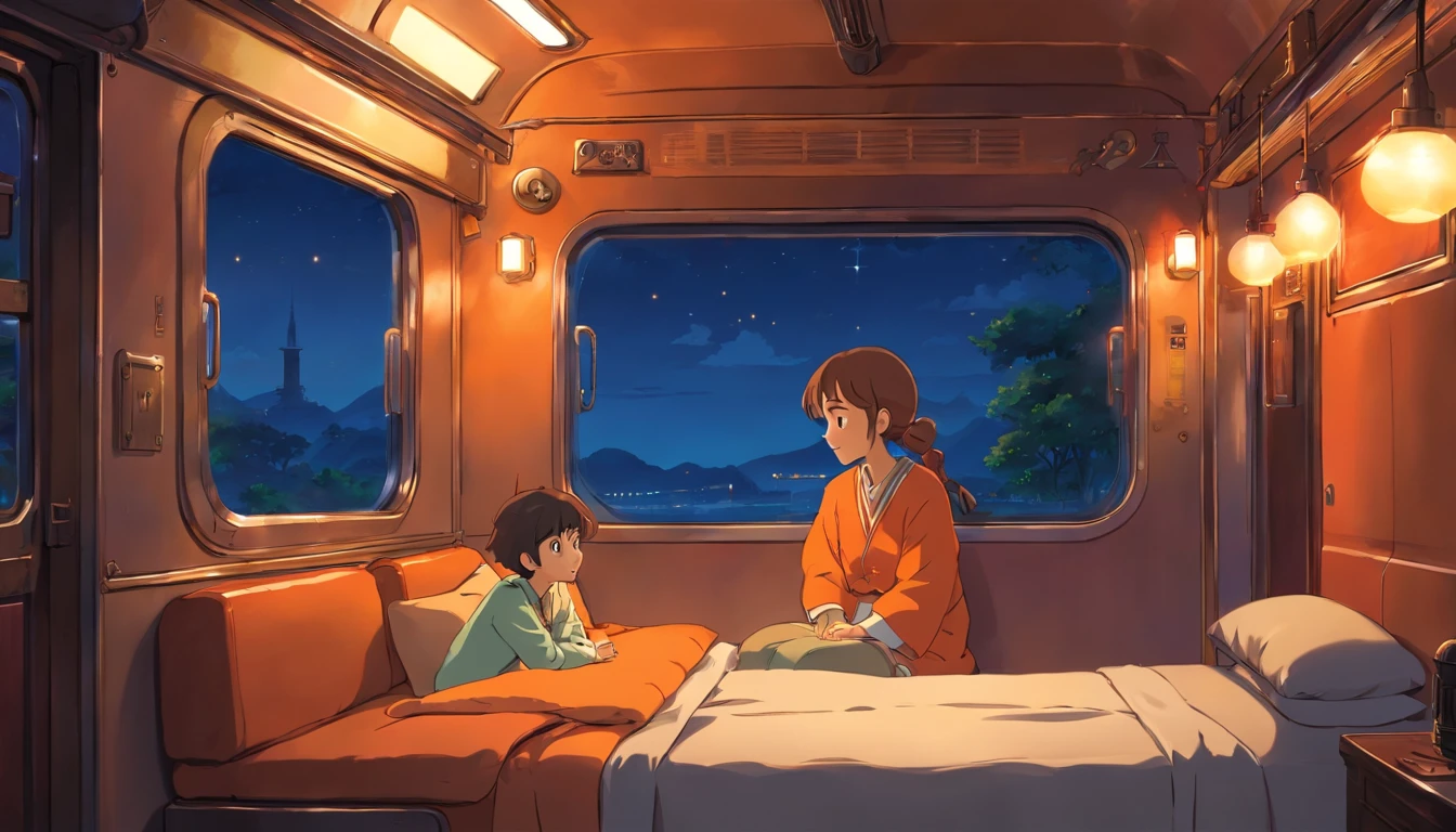 Man and woman sitting A Cozy room inside a train, comfy bed, window and its night time outside, dim orange light, dark outside, very cozy room inside the train.