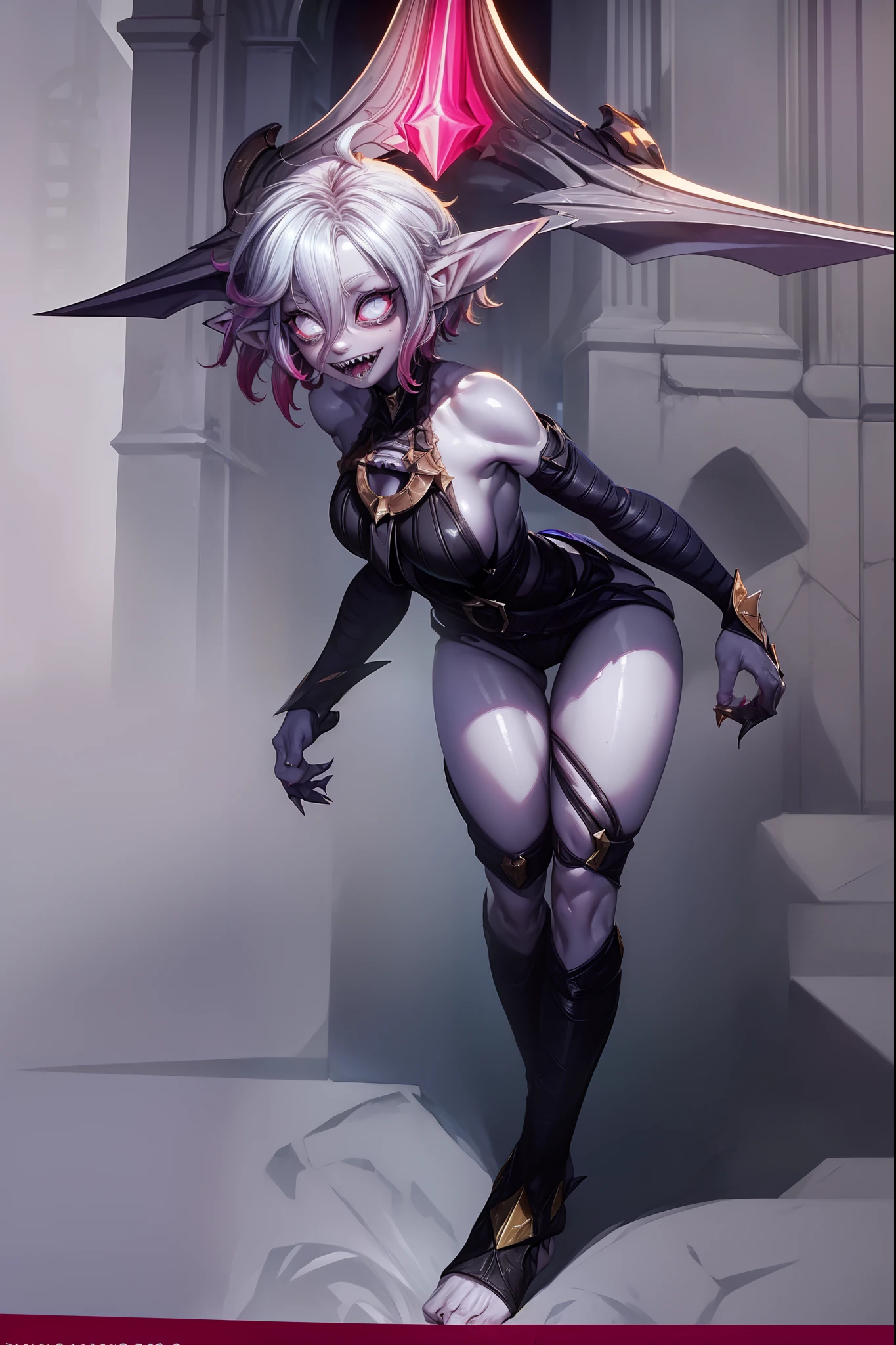 (masterpiece, best quality, ultra-detailed), 1girl, BriarLoL, grey skin, white hair, short hair, (pointy ears, sharp teeth), looking at viewer, standing, full body, bat wings, standing
