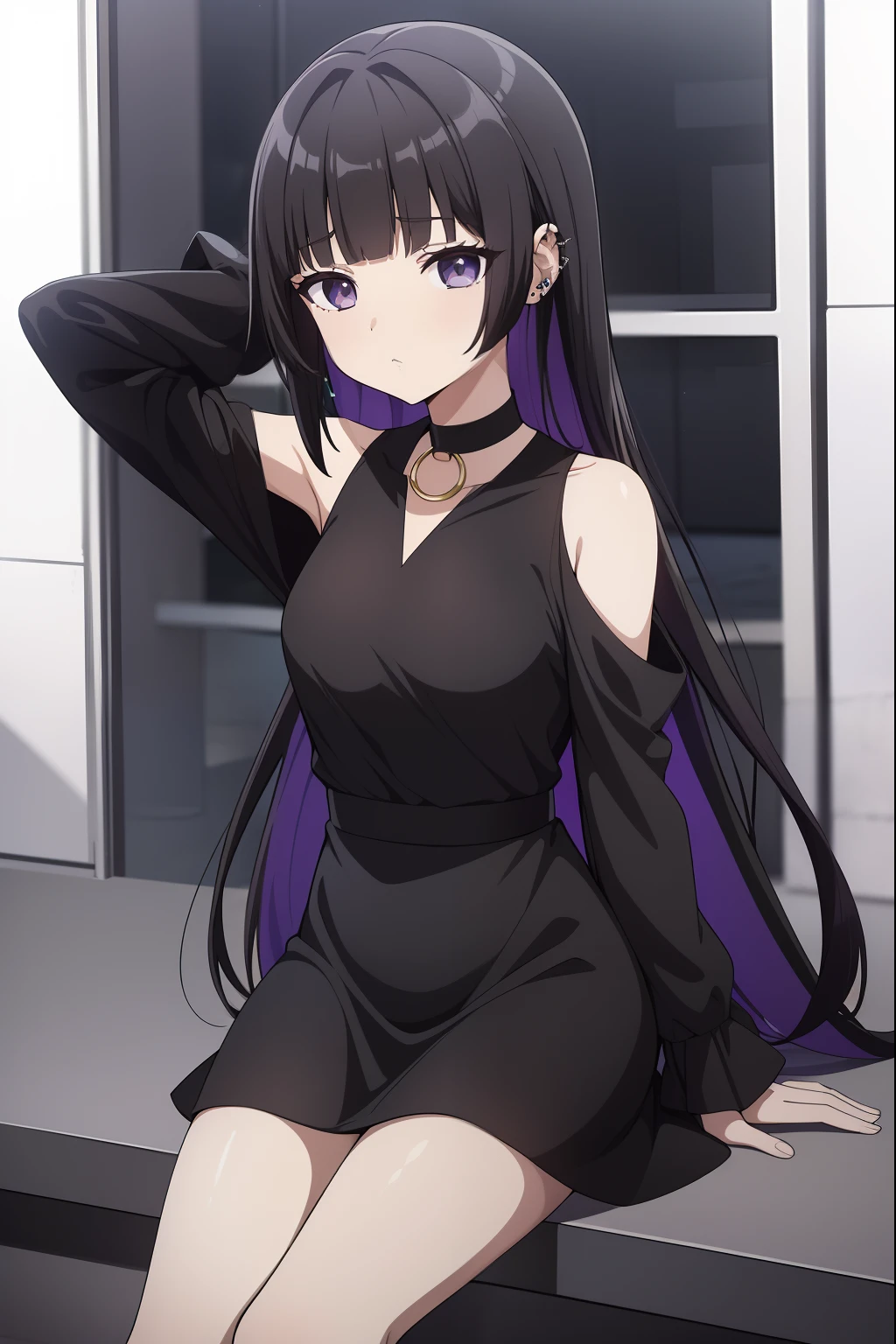 BocchiPAsan, PAsan, cabello negro, flequillo contundente, extremos romos, Piercing en la barbilla, colored inner hair, ear piercing, (ojos grises:1.2), Corte Hime, Cabello largo, Flequillo medio, cabello multicolor, penetrante, purple hair,
ROMPER los hombros desnudos, Gargantilla negra, vestido negro, Mangas negras, gargantilla, recorte de ropa, Mangas separadas, vestido, Gothic, Recorte de hombro, Sleeves beyond the fingers, sleeves past wrists, mangas muy largas,
DESCANSO mirando al espectador,
DESCANSO al aire libre, Ciudad,
QUEBRAR (Obra maestra:1.2), La mejor calidad, High resolution, Unidad 8K Fondo de pantalla, (illustration:0.8), (hermosos ojos detallados:1.6), Cara extremadamente detallada, Perfect lighting, CG extremadamente detallado, (Manos perfectas, Perfect anatomy),