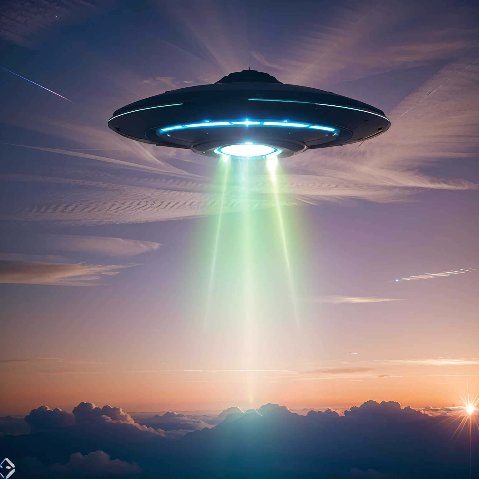 Arafed flying saucer with a beam of light coming from it - SeaArt AI