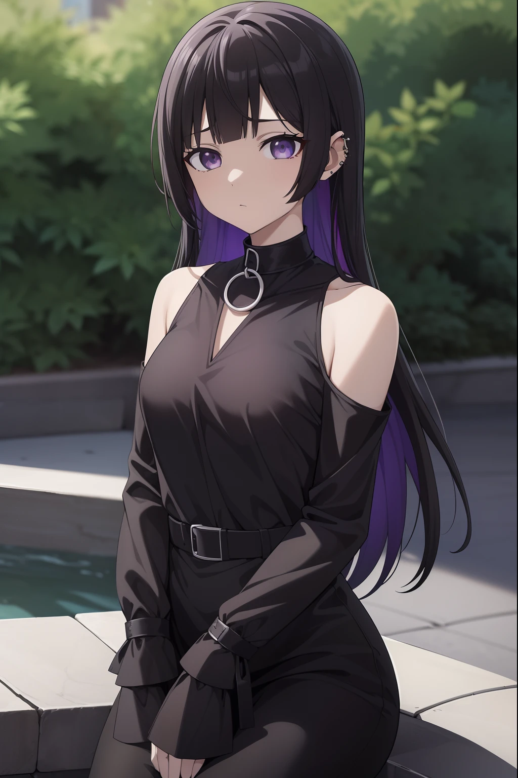 BocchiPAsan, PAsan, cabello negro, flequillo contundente, extremos romos, Piercing en la barbilla, colored inner hair, ear piercing, (ojos grises:1.2), Corte Hime, Cabello largo, Flequillo medio, cabello multicolor, penetrante, purple hair,
ROMPER los hombros desnudos, Gargantilla negra, vestido negro, Mangas negras, gargantilla, recorte de ropa, Mangas separadas, vestido, Gothic, Recorte de hombro, Sleeves beyond the fingers, sleeves past wrists, mangas muy largas,
DESCANSO mirando al espectador,
DESCANSO al aire libre, Ciudad,
QUEBRAR (Obra maestra:1.2), La mejor calidad, High resolution, Unidad 8K Fondo de pantalla, (illustration:0.8), (hermosos ojos detallados:1.6), Cara extremadamente detallada, Perfect lighting, CG extremadamente detallado, (Manos perfectas, Perfect anatomy),