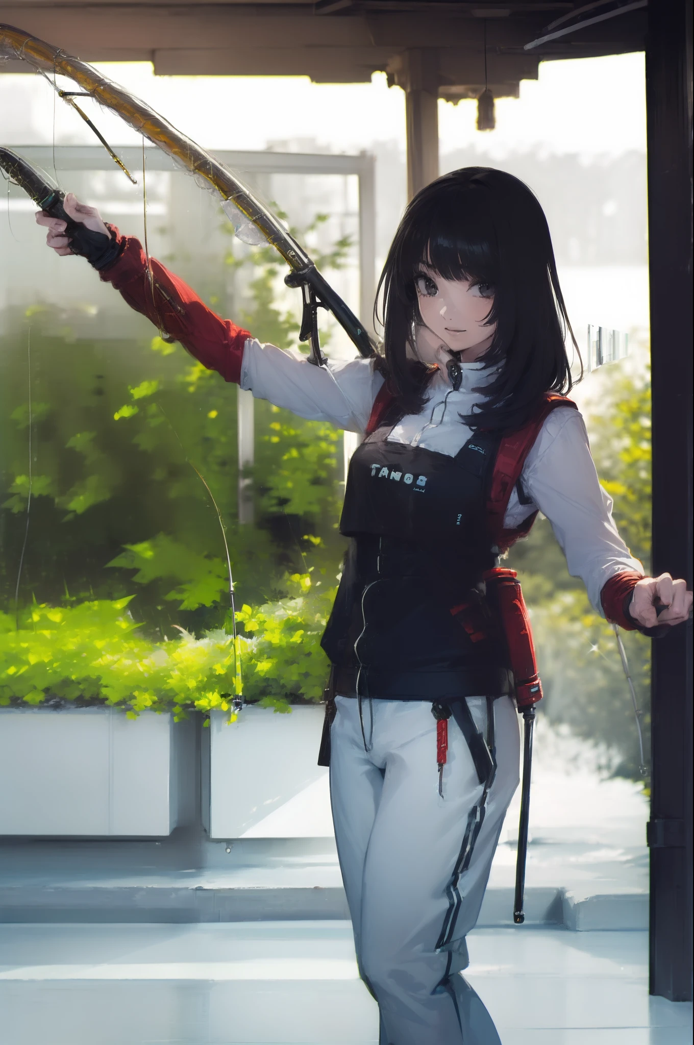 ((((Have a fishing rod with a reel:1.5)))),((Female 28 years old)),((Best Quality:1.5)),(((Hands with the correct number and structure of fingers:1.4))),((Lakeside:1.37)),hight resolution,ultra-detailliert,​masterpiece,best qualtiy,(Eight-headed body),(1 fishing rod,Holding a fishing rod in your hand,Fishing lure rod,Fishing Reel,with long sleeve hood,Outdoor Vest,parka,Long pants for fishing,Big backpack),thin and long legs,Beautiful hip line,Beautiful spine,constricted back,Toned waist,beutiful breast),(((Fine fingers、Ratio 4 fingers and 1 thumb,detailed arms,detailed human hands))),Gentle smile,shiny lip,(1 fishing rod,Straight stretch fishing rod,Long fishing rod,Woman fishing with fishing rod in hand),Black hair, long eyeslashes, Solid Circle Eyes, drop shadow, Atmospheric perspective,Super Detail, ccurate, small brest,top-quality, blurry backround, bokeh dof:1.2, (​masterpiece:1.3),  Atmospheric perspective,Super Detail,dynamic compositions, Ultra High Quality,