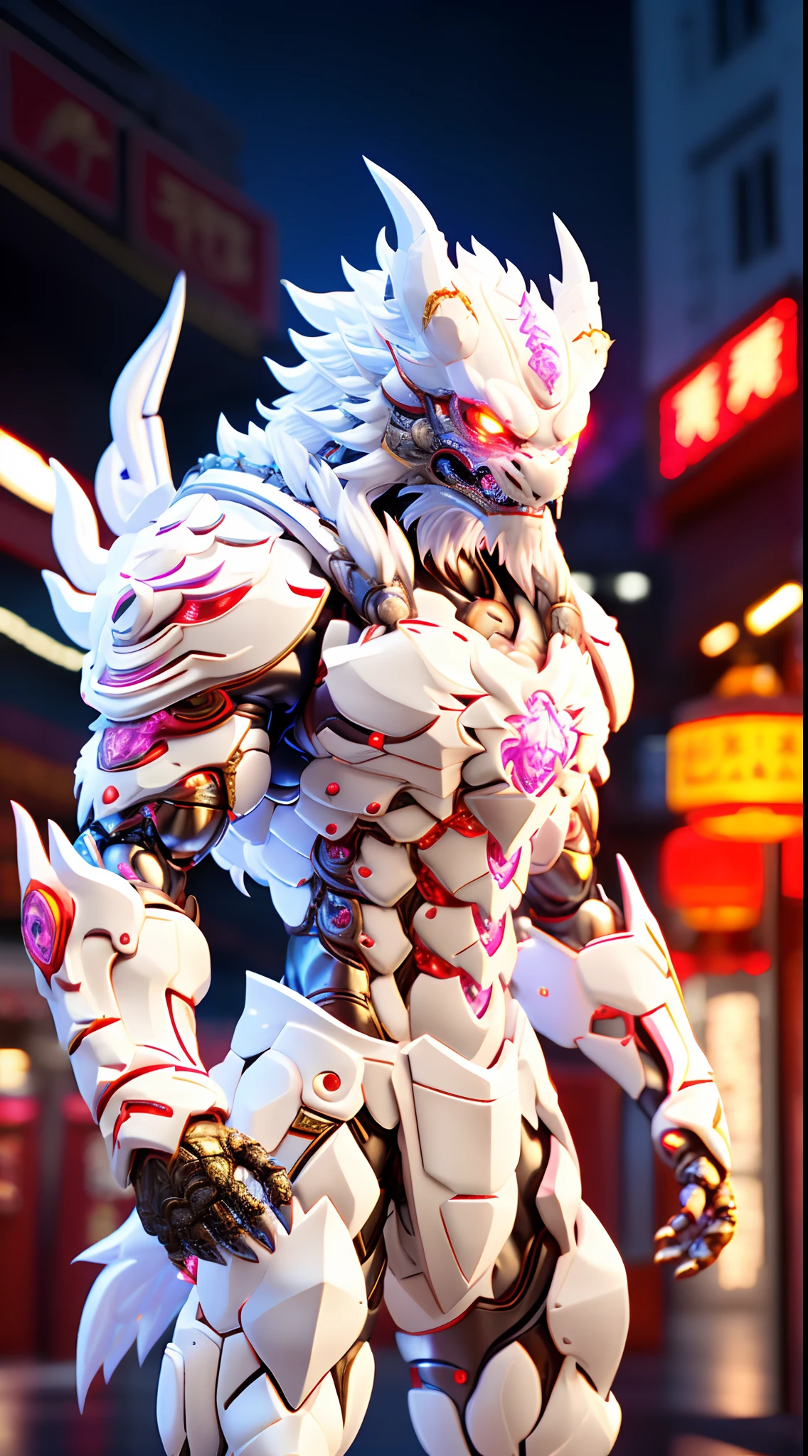 CHINESE DRAGON, WHITE DRAGON HEAD, HETEROCHROMIA EYE, CRYSTAL HEAVY ARMOR, TRANSPARANT, MUSCLE BODY.