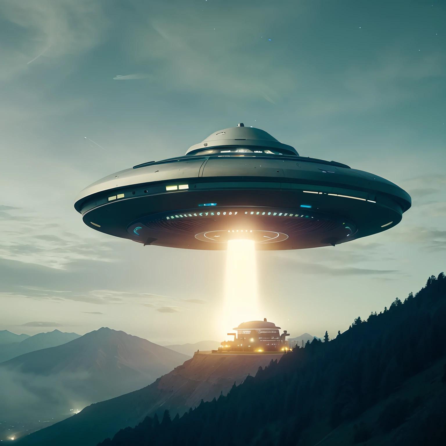 Spaceship flying over a mountain with a car in the distance, alien spaceship in the sky, Rapto de OVNIs, Pouso de OVNIs, alien spaceship, alien mothership in the sky, flying saucer in the sky, UFO AttackLogical, spaceship flies in the distance, the ufo is over the city, of a UFO propulsion system, ufo in the sky, OVNI