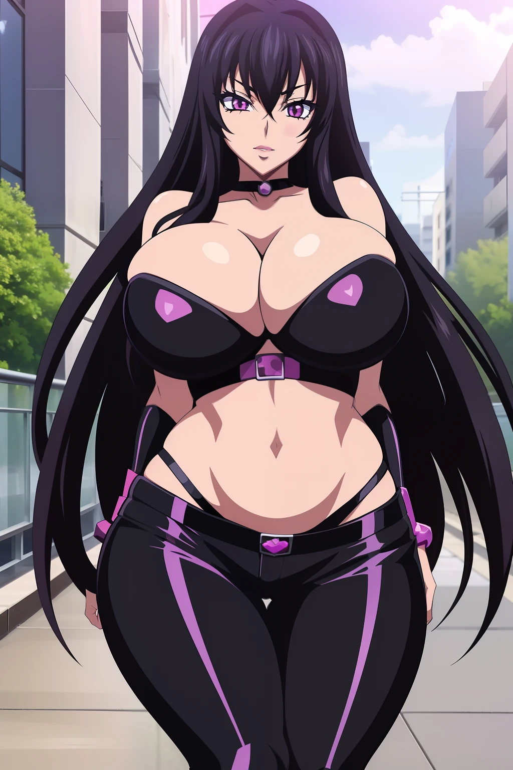 Highschool dxd, Raynare, 1girl, ((bimbo))), long black hair, purple eyes, puffy lips, painted lips, thick lips, wide hips, thick thighs, enormous fake breast, huge ass, erotic face , black jeans, Black bra , perky , shiny skin, breasts squeezed together, enormous huge fake breasts, posing