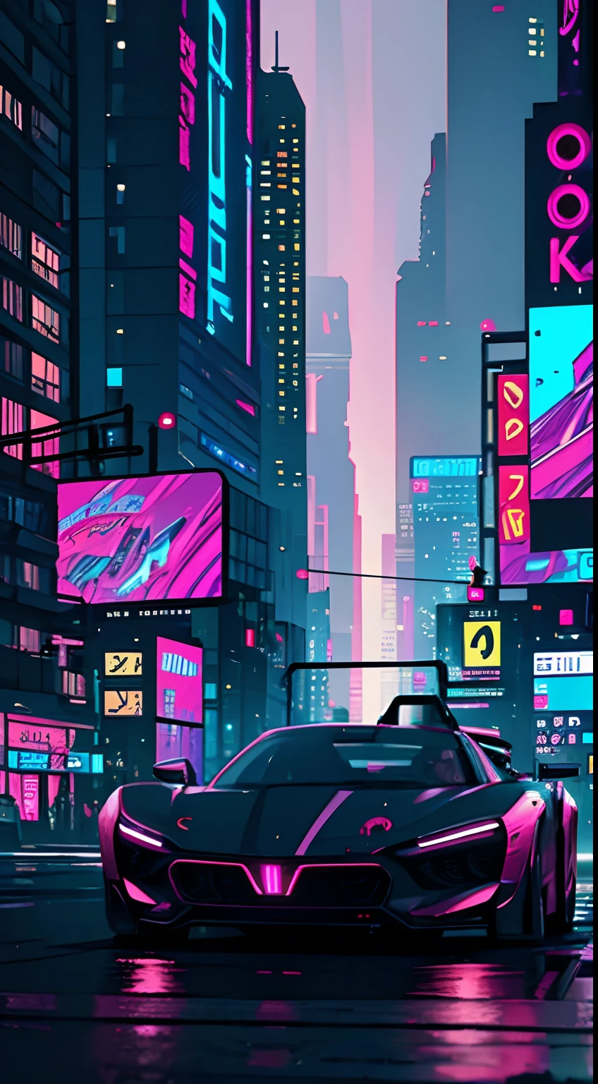 a futuristic car driving in a cyberpunk city with tall buildings in the background, the image is cinematic, 4k,ultrarealistic, cool,badass, intricate, outdoors, neon lights, fog, wires, street, alleys, futursitic landscape, speed, velocity, night, moon,