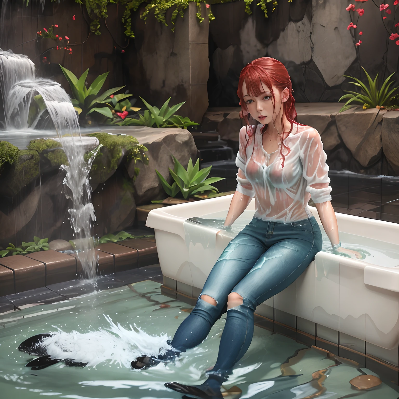 woman, wet clothing, taking a bath, skinny jeans, black ankle boots, red head, green eyes, soaking wet