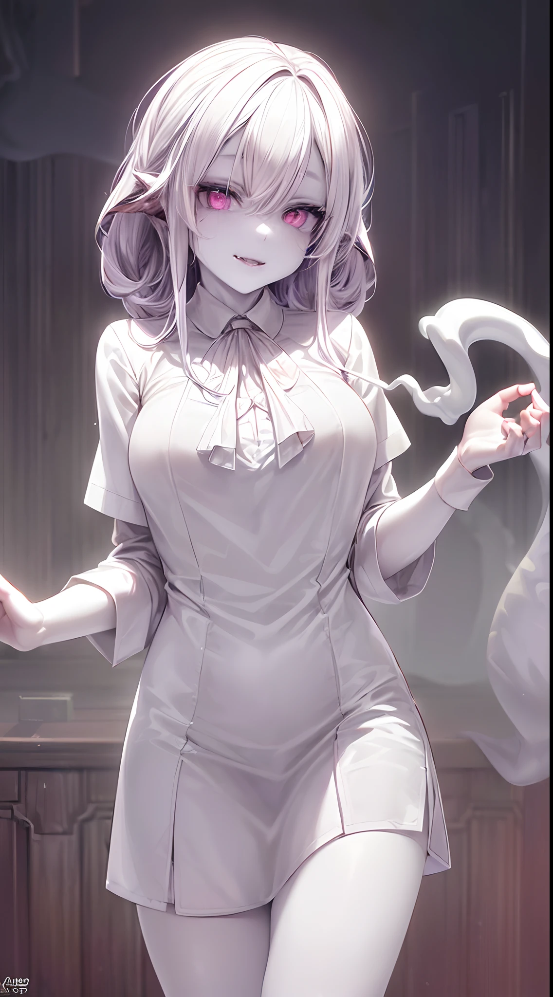 (ghosty:1.85) (doctor:1.5) (nurse:0.65) girl, (white doctor coat:1.4), (spirit, spiritual:1.2), 1girl, perfect and well designed glowing shiny eyes, (beautiful detailed eyes:1.05), natural medium breasts, slim body, beautiful and delicate cute face, (face detail), ((realistic face)), pores, ((pale grey skin)), detailed skin, realistic skin, (((bioluminescence))), ((shiny skin)), (multicolored gradation skin), (monster girl:1.25), human face, medium length hair, hair voluminous, (((((multicolored gradation hair))))), (dark-haired:1.65), super high resolution, 8k, parameters Best quality, (masterpiece:1.4), (magic accessories:1.4), bracelets, extremely detailed thick tight ((white:1.5), (green:1.2), (pink:0.5)) (medical uniform:1.5), (shirt:1.7), (skirt:1.3), (standing nipples under cloth:1.2), (neckline:1.3), (cleavage:1.2), (decolette:1.5), Young Girl, Little Beast, (Smile:0.9), (pale Skin:1.85), ultra detailed, photorealistic, ((Real image)), (best quality:1.4), super high resolution, (Realistic 2.0), More details, (((1girl))), {(medical ward:1.2)|(doctor office:1.2)}, (beautiful and aesthetic:1.2), (fractal art:1.4), (cinematic light:1.1), (close DUTCH ANGLE:1.2), 16K, HDR, RTX, Ray Tracing, Radiosity, Anisotropic Filtering, Subsurface Scattering, (((magic lights))), metallic reflections, Detailed, Realistic, 4k highly detailed digital art, (cool_color), extremely detailed CG unity 8k wallpaper, vibrant colors, (seductive pose:1.6)