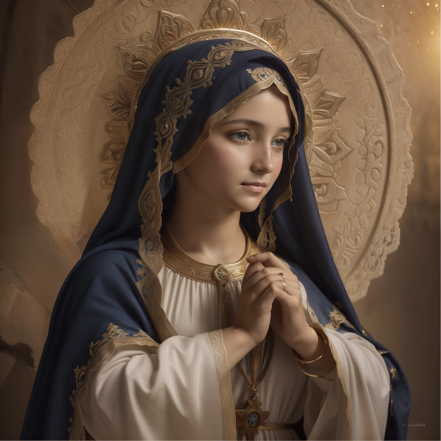 (((Blessed Virgin Mary of Mount Carmel))) Luminoso, en estilo similar al del artista WILLIAM ADOLPHE BOUGUEREAU, obra maestra, (La mejor calidad: 1.2), (super fine: 1.2), illustration, (extremadamente delicado y hermoso: 1.2), movie angle, flotante, (Hermoso ojo de detalle: 1.1), (detalle luz: 1.1), Movie Lights, Cielo delicado, ojos azules, (Cola de caballo alta: 1.1), capa, ojuelos, cielo estrellado, (light particles: 1.1) dibujo, flor. (obra maestra), (La mejor calidad), (fotorrealista:1.3), 8k, Textura detallada de la piel, Textura detallada de la tela, hermosa cara detallada, Detalles intrincados, ultra detallado (cuerpo de cuerpo entero:1.2)