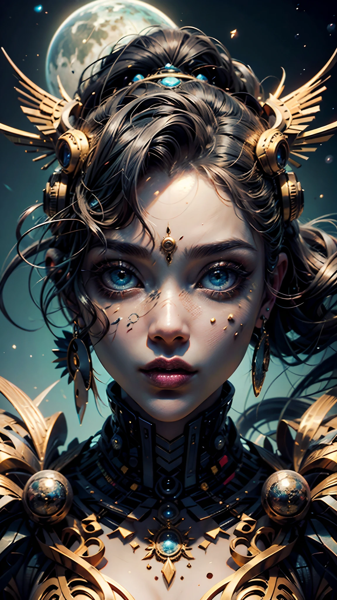 (melhor qualidade,Ultra - Detalhado,best illustration,Melhor sombra,tmasterpiece,A high resolution,ProfissionalArtwork,obras de arte famosas),Olhos detalhados,Olhos belos,clivagem em close-up,scientific fiction,esclera colorida,robot eyes,marcas faciais,Tatuado com,(fractalizado,olhos fractais),olhos grandes,olhos arregalados,(foco ocular),Foco Sface,Cosmic eyes,Olhos espaciais,Close-up da escultura de metal de uma mulher Afro americana com uma lua em seu cabelo,deusas。Detalhe extremamente alto,Retrato da deusa 3D,Imagens extremamente detalhadas da deusa,Um retrato impressionante de uma deusa,Imagem lateral da deusa,Retrato de uma bela deusa,Retrato em close-up de corpo inteiro da deusa,hecate goddess,portrait of a norse moon goddess,goddess of space and time