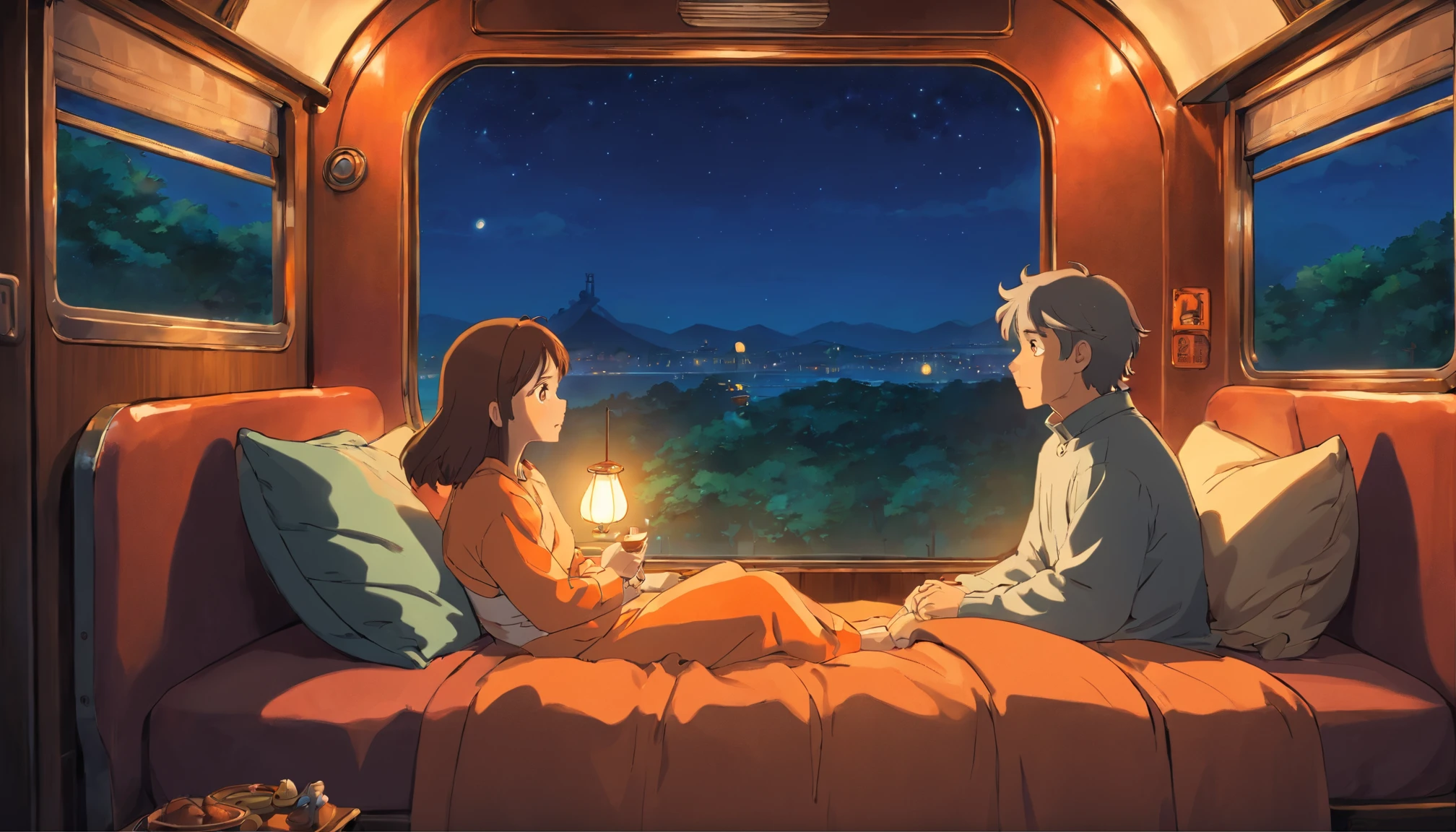 Man and woman sitting A Cozy room inside a train, comfy bed, window and its night time outside, dim orange light, dark outside, very cozy room inside the train.