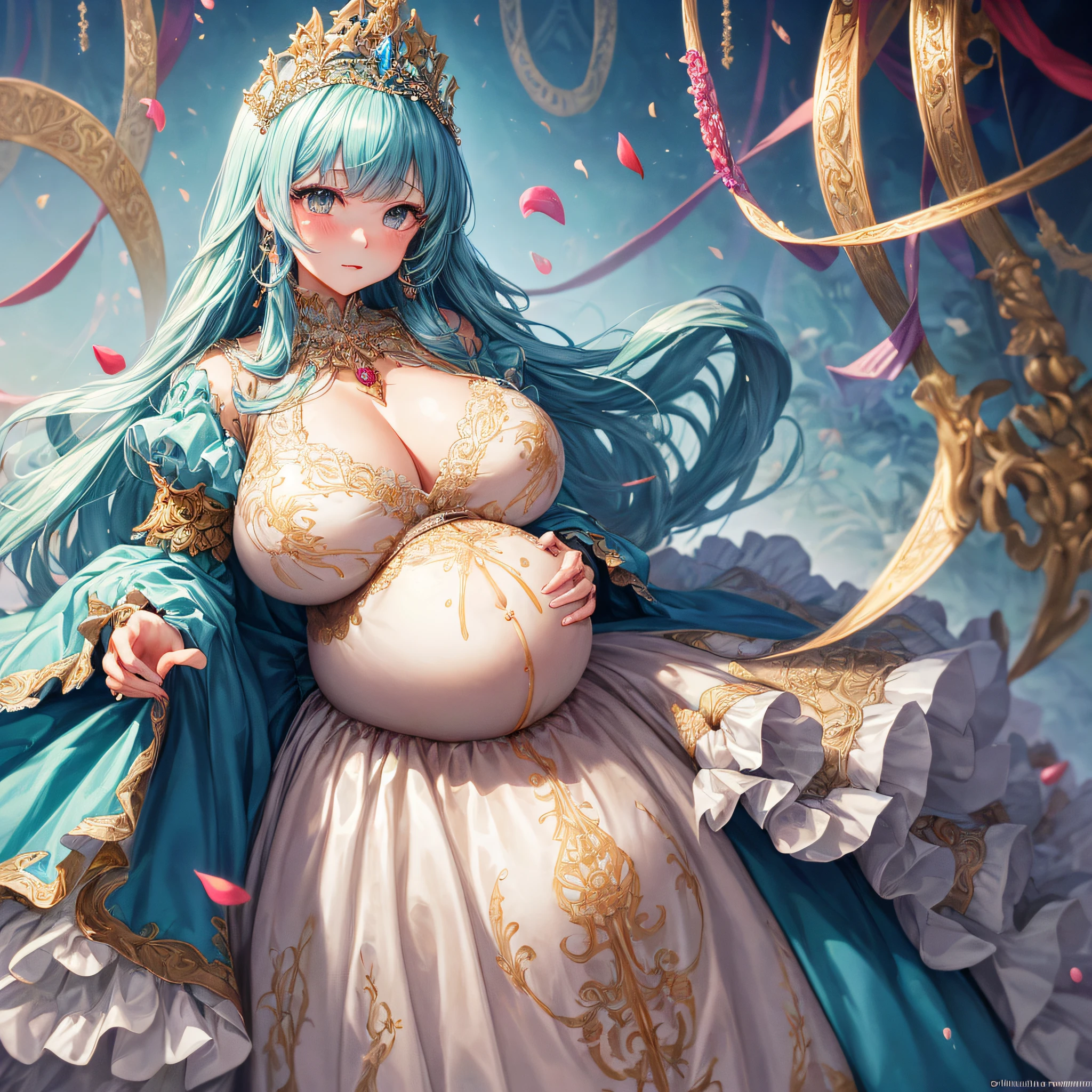 (masterpiece, best quality,extremely detailed:1.1),(moe anime art style:1.2),1girl,((full body,focus face)),((solo)), cute, kawaii,digital art,((1 bling-bling pregnant princess wearing beautiful embroidery and jeweled gorgeous ballgown with jeweled voluminous full length hoop skirt)),(((heavily pregnant))),very big pregnant belly,((crinoline)),long train,voluminous frills,See-through,(gorgeous embroidery and beautiful lace),((very gigantic boobs,skindentation)),cleavage,shiny hair,(((very long hair))),((embarrassed)),anguish,((finely detailed face and eyes)),clear pupil,extremely gorgeousfull hair ornament,(bling-bling jeweled extremely gorgeousfull tiara),(bling-bling gorgeous gemstone jewelry),long veil,beautiful background,fantasy background,flowers,flower petals flowing,full body,((beautiful embroidery and jeweled ruffled gorgeous ballgown with voluminous full length hoop skirt))