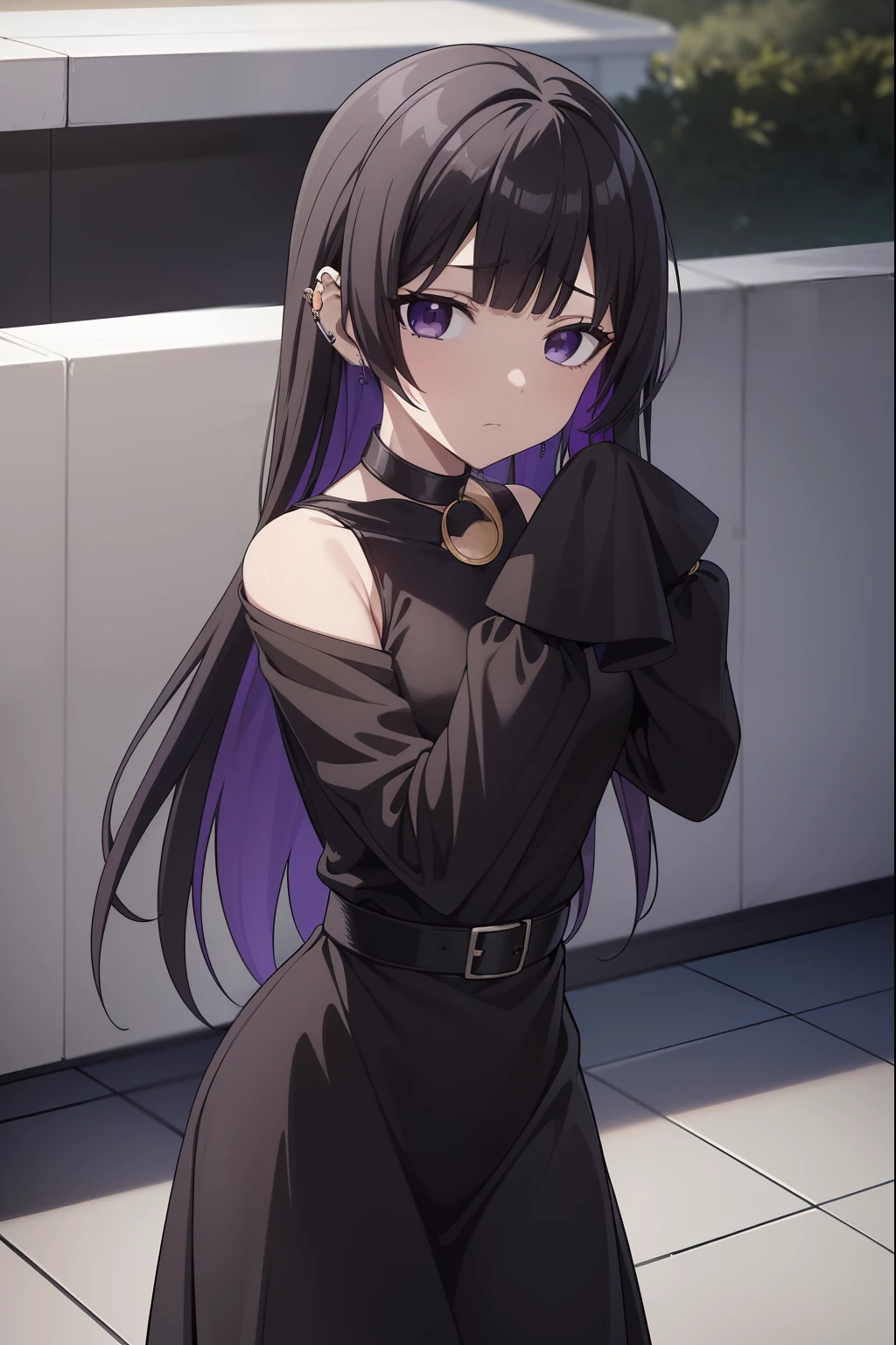 BREAK looking at viewer, BREAK (masterpiece:1.2), best quality, high resolution, unity 8k wallpaper, (illustration:0.8), (beautiful detailed eyes:1.6), extremely detailed face, perfect lighting, extremely detailed CG, (perfect hands, perfect anatomy),green hair, side ponytail, (purple eyes:1.1),
skirt, gloves, dress, bare shoulders, pleated skirt, sleeveless, black gloves, elbow gloves, belt, miniskirt, black skirt, black footwear, (black dress:1.5), thigh strap, sleeveless dress, halterneck, armband, single glove, black belt, pleated dress, arm strap