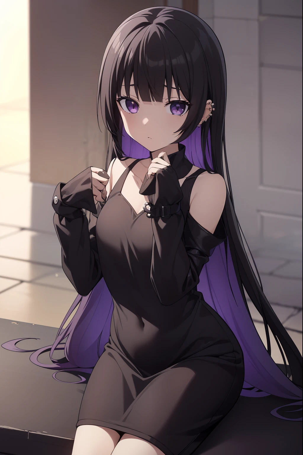 BocchiPAsan, PAsan, cabello negro, flequillo contundente, extremos romos, Piercing en la barbilla, colored inner hair, ear piercing, (ojos grises:1.2), Corte Hime, Cabello largo, Flequillo medio, cabello multicolor, penetrante, purple hair,
ROMPER los hombros desnudos, Gargantilla negra, vestido negro, Mangas negras, gargantilla, recorte de ropa, Mangas separadas, vestido, Gothic, Recorte de hombro, Sleeves beyond the fingers, sleeves past wrists, mangas muy largas,
DESCANSO mirando al espectador,
DESCANSO al aire libre, Ciudad,
QUEBRAR (Obra maestra:1.2), La mejor calidad, High resolution, Unidad 8K Fondo de pantalla, (illustration:0.8), (hermosos ojos detallados:1.6), Cara extremadamente detallada, Perfect lighting, CG extremadamente detallado, (Manos perfectas, Perfect anatomy),