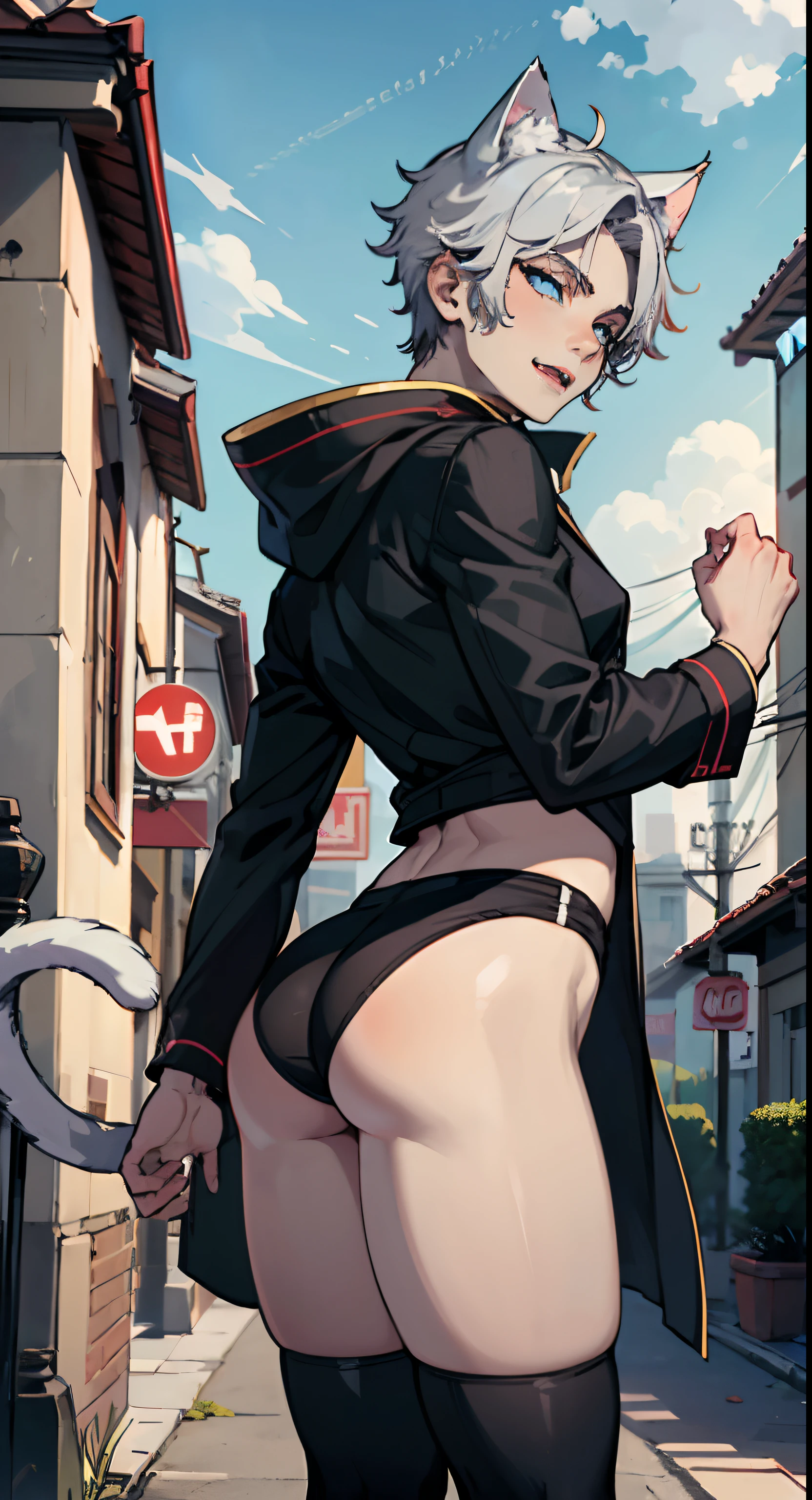 ((((((1boy)))))), fluffy gray hair, ((big sharp cat ears)), cat tail, slim figure, ((pale skin)), sky blue eyes, joyful, big thighs, big butt, fangs, slim waist, lean figure, skin pale, youthful appearance, (((bulge))), black booty gym shorts, black thigh socks, black coat, twink