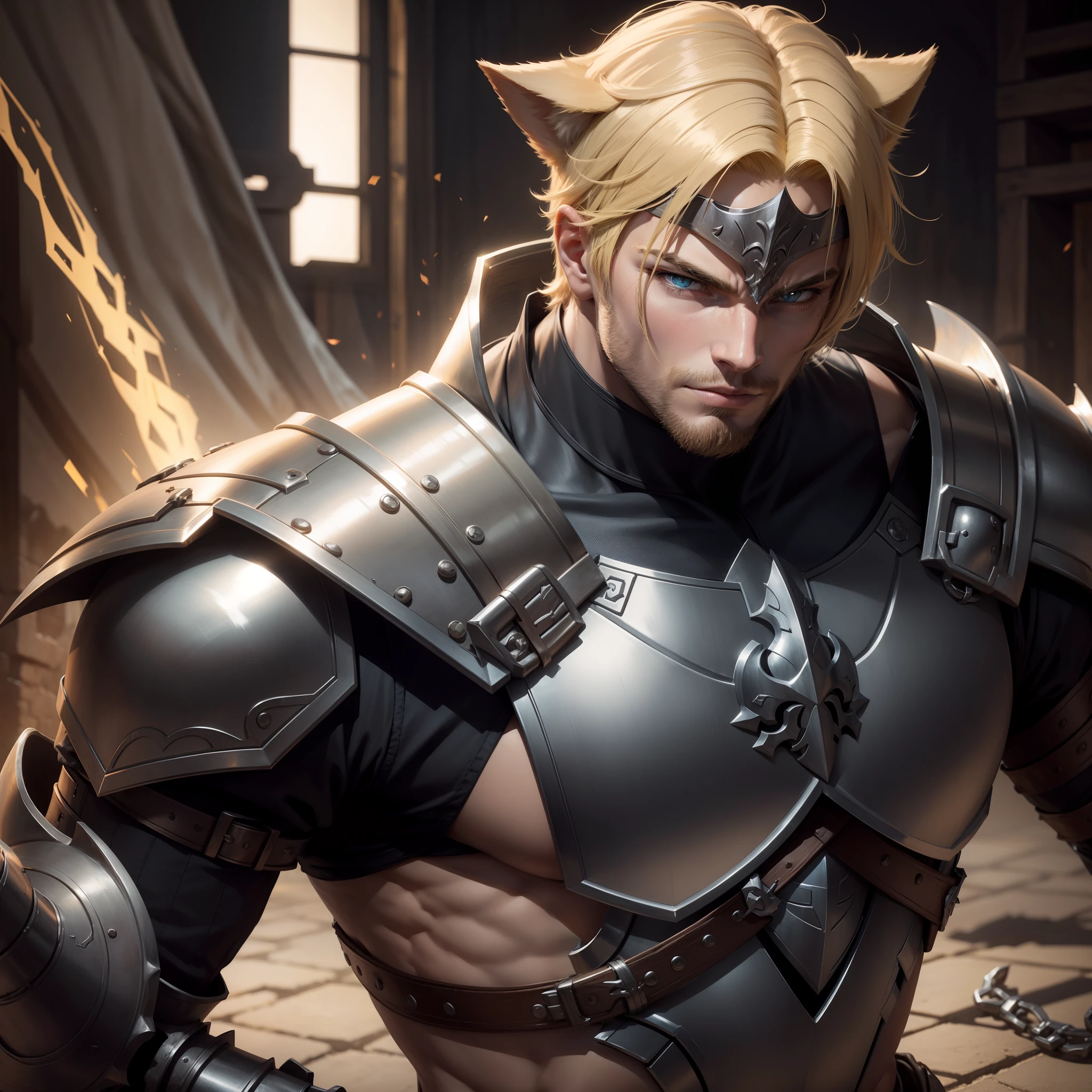 Blonde man with cat ears on head,Gauntlet in hand, musculoso,forte, homem malhado,armadura