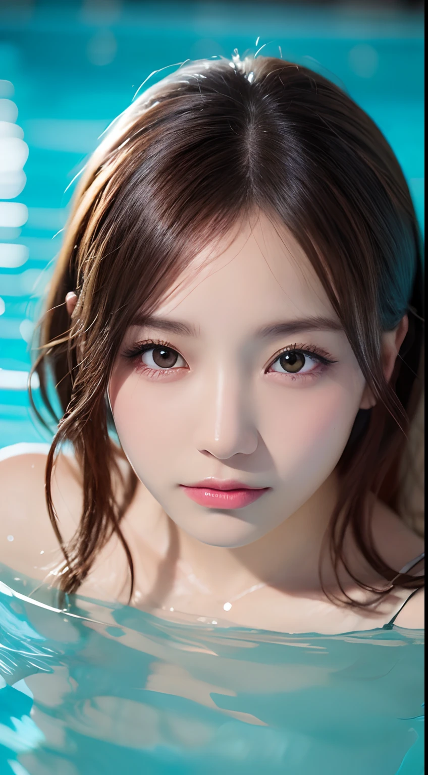 (photographrealistic:1.6)、((1girl in、White fair skin:1.4、kneeling to、From  above、Look up at the viewer and clean、cute little、length hair、Big breasts:1.3))(Bikini swimwear:1.3、Simple blue and black two-tone swimsuit、Glossy shiny shiny swimsuit、Glossy swimsuit with reflective surfaces、Dripping wet body:1.2)(A smile、Happiness、Joy、jolly、closes mouth)、(Hold your breasts between your arms and pull your breasts closer)、High detailed eyes、Hair is iridescent