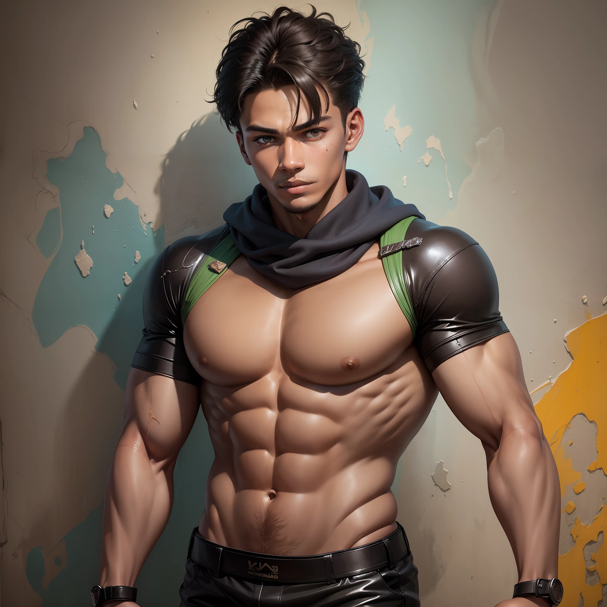 19 years old boy standard in nice drip pose like the human ninja turtle with realistic facial form standing in front of a graffiti wall painting of a sea background, chocolate skin texture,very  slim boby,portrait, oil painting style, oil painting