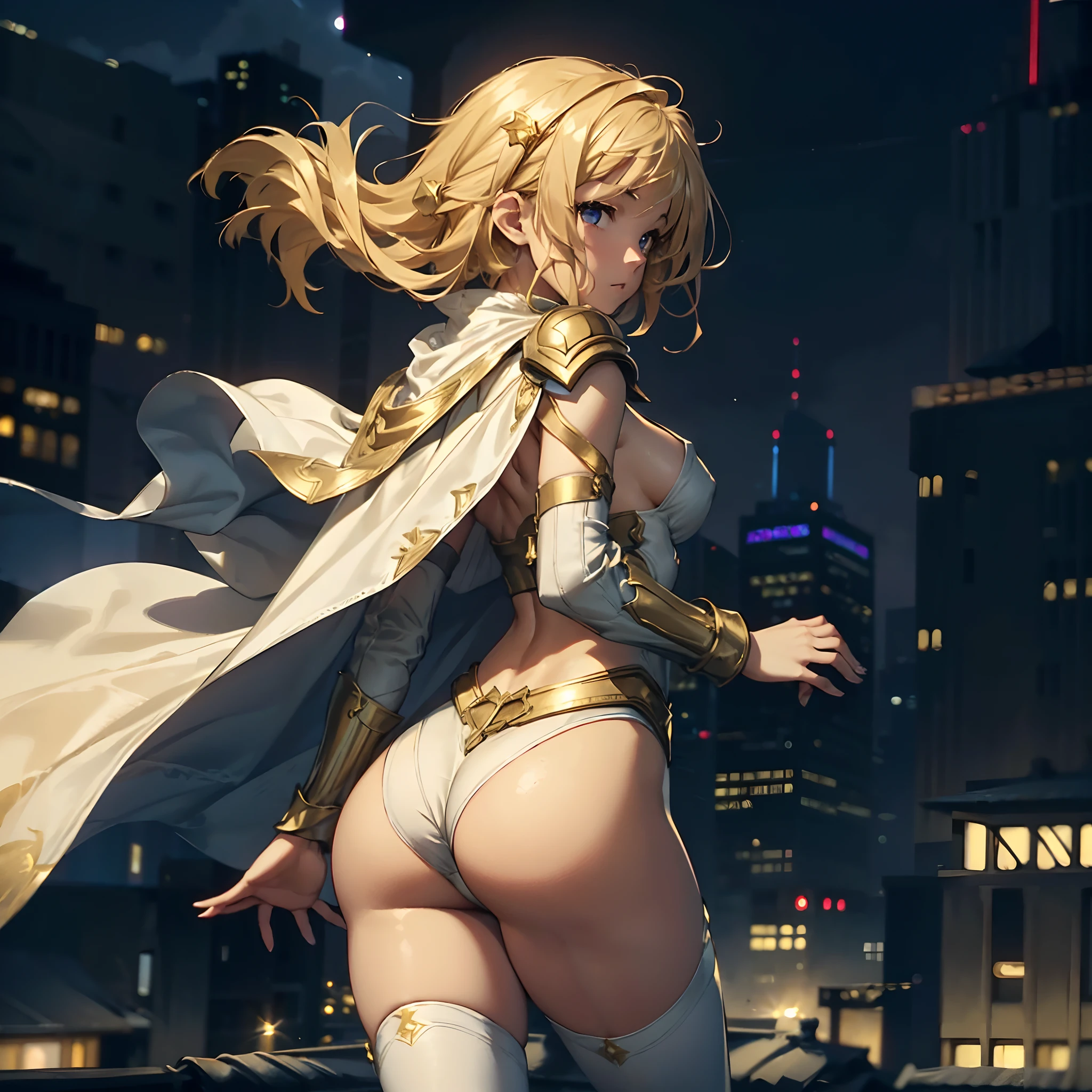 (1girl), masterpiece, absurdres, 8K, best quality, beautiful face, Skinny girl, 22 years old, messy blonde hair, (small perky breasts:1.3), Olivia thirlby, skimpy white spandex leotard with gold trim, torn white stockings, white cape, gold details on clothes, (jumping off the roof:1.5), (cape billowing in the wind:1.3), blue gem necklace, (from behind:1.3), (moonlit night), volumetric fog, New York City skyline in the background, facing away from viewer, (shy:1.7)