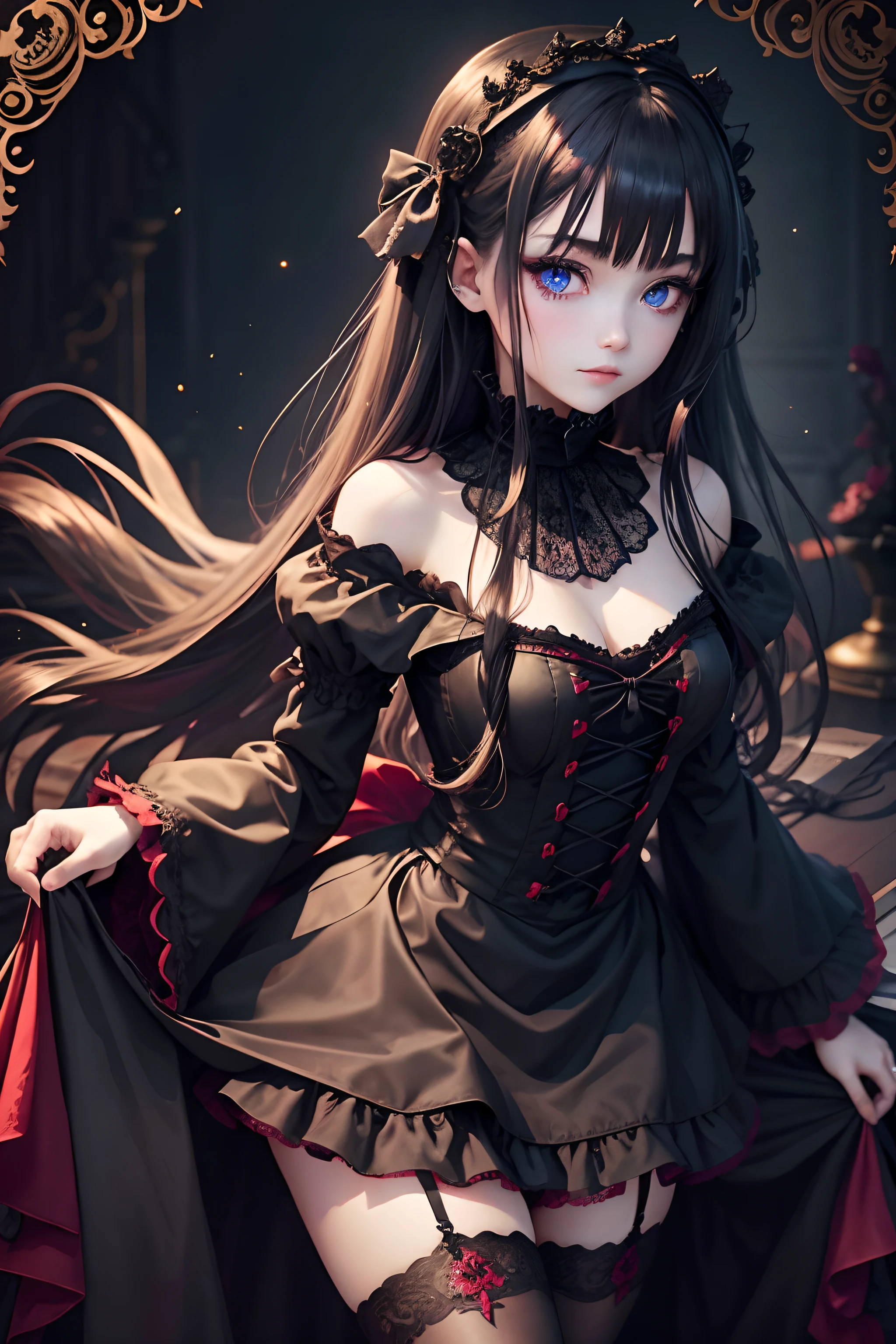 Gothic ta、gotik、18year old、boredom、A slight smil、shadings、wretched、Beautie、Glamorous、Dark smile、Dark ambient space、Deep、gasp、Gothic Long Dress、Cheek dyeing、Beautiful world、Mysterious、Witchish、bell sleeves、Wizard Sleeve、Aesthetic destruction、universe background、Despressing、Lace red、Blue Eye、Right eye red eye、long straight hair of golden color、Piano performance、piano、Dark Gothic Makeup、Maids、garterbelts、knee high socks、A sexy、Glamour、Ambient、punk、