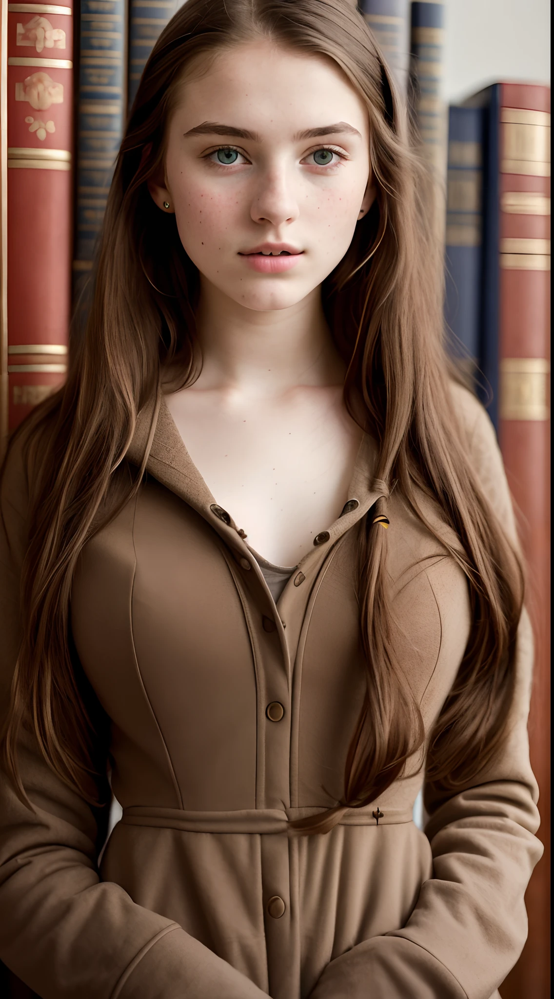 masterpiece, best quality, hyperrealistic, cinematic photo,  innocent 20yo female, 
swedish,
pronounced feminine features,

hoodie,
very long chestnut hair,
huge breasts,
freckled face,
(library background),
victorian style,
(8k, epic composition, photorealistic, sharp focus),
elaborate background,
dslr,

intricate details,




rule of thirds,