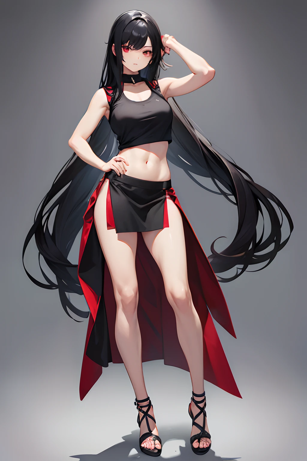 girl wearing sleeveless shirt standing confident, black hair, long hair, black skirt, red eyes, full body, tight fit