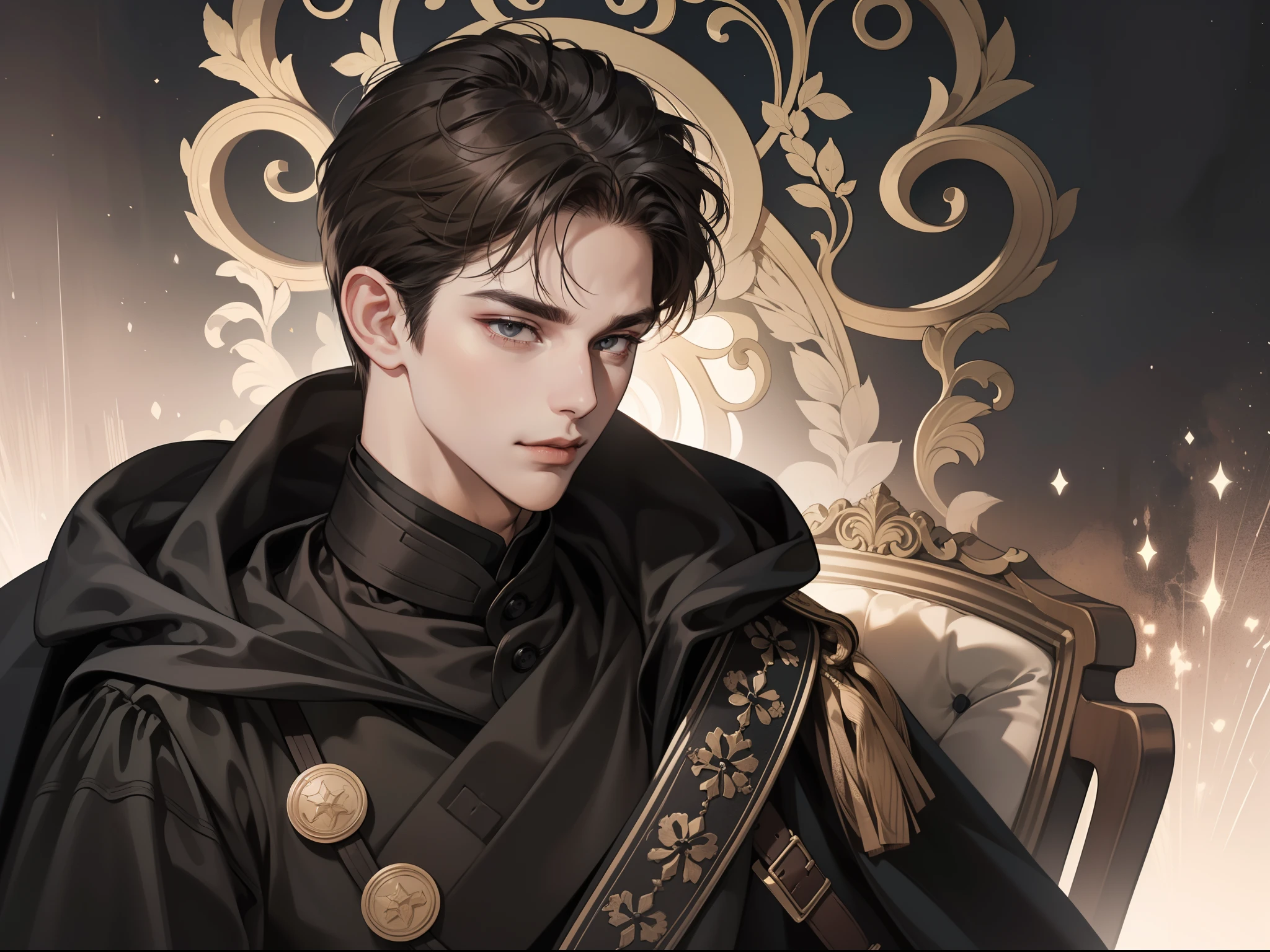 masterpiece, best quality, detailed face, realistic, 1man, mature male, handsome young man, 25 year old, closed mouth, portrait, extremely detailed face, cold and smirk, ((dark grey eyes)), ((short-right-swept dark brown hair)), [thick eyebrows], on the throne, ((long black cape)), ((all black cloth)),