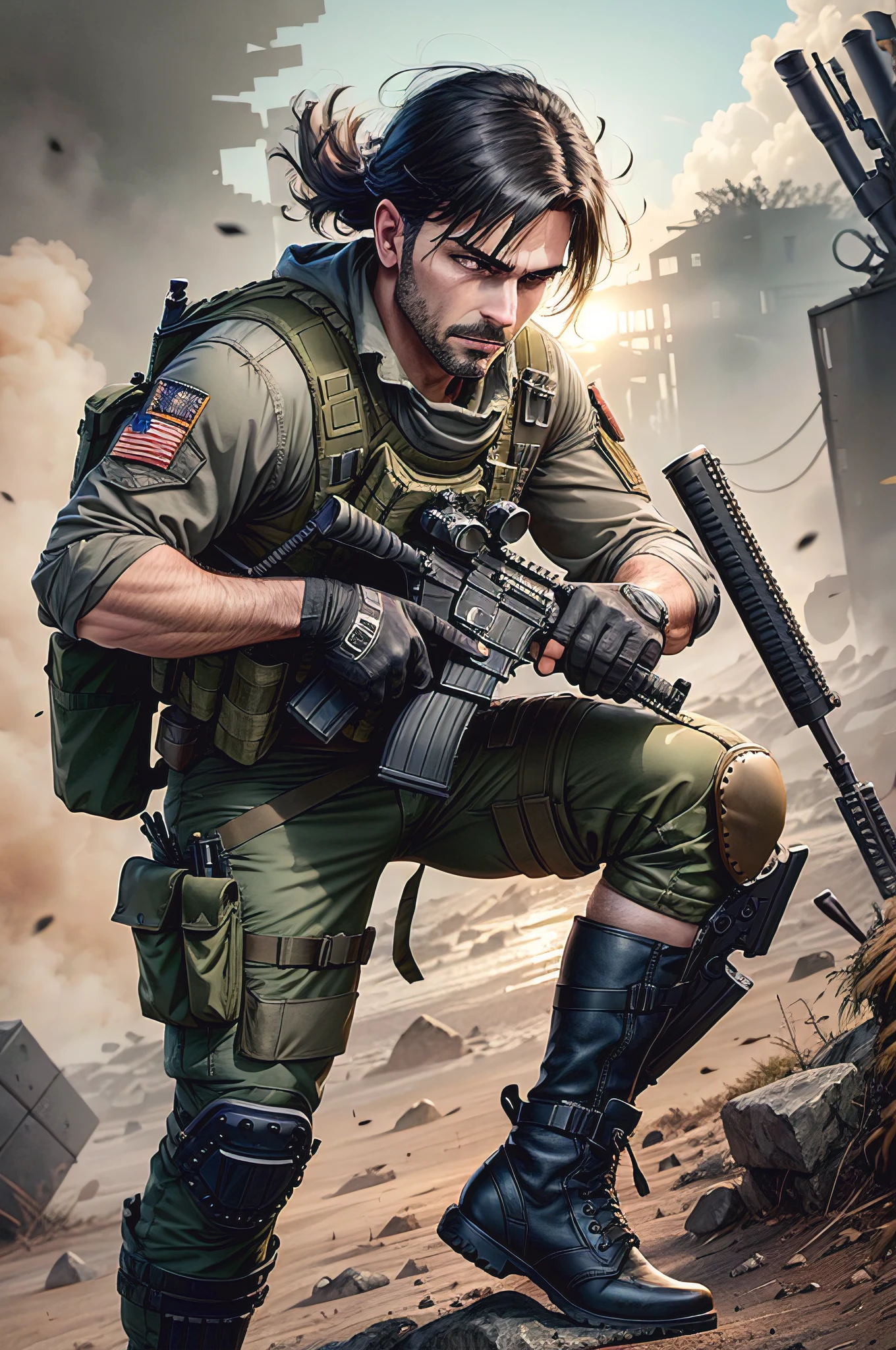 boots, british male, full body, aiming and firing a m16, m16a2, assault rifle, knee pads, male focus, military, blue military uniform, pouch, black hair, clean-shaven, solo, assault vest, drop-down pistol holster, jungle background, battle, tanks, explosions, gritty war-torn atmosphere, black ops, rifle, ar15, colt,