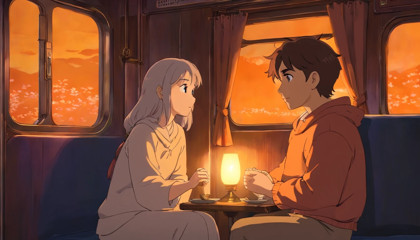 Man and woman sitting A Cozy room inside a train, comfy bed, window, and its nighttime outside, dim orange light, dark outside, very cozy room inside the train.
