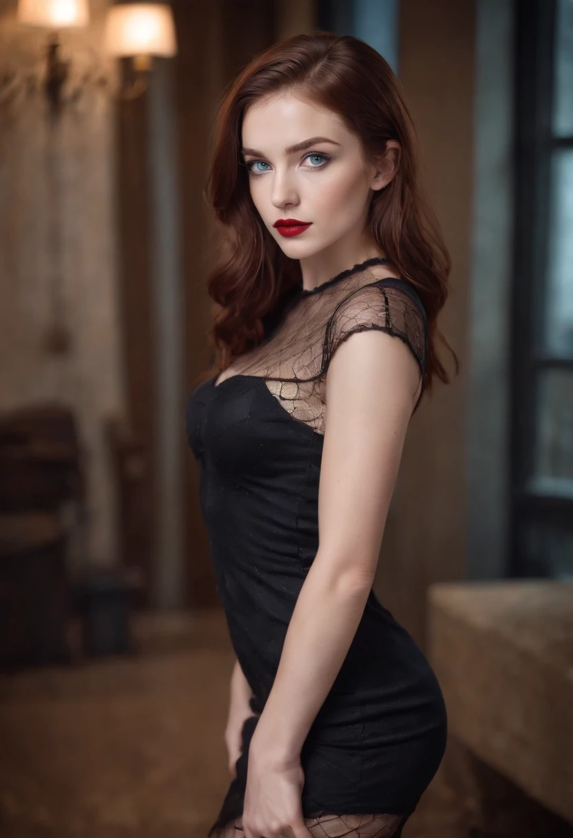 reddish brown hair girl, blue eyes, beautiful, full body, small breasts, wearing a black short dress with fishnet stockings, high heels, red lipstick