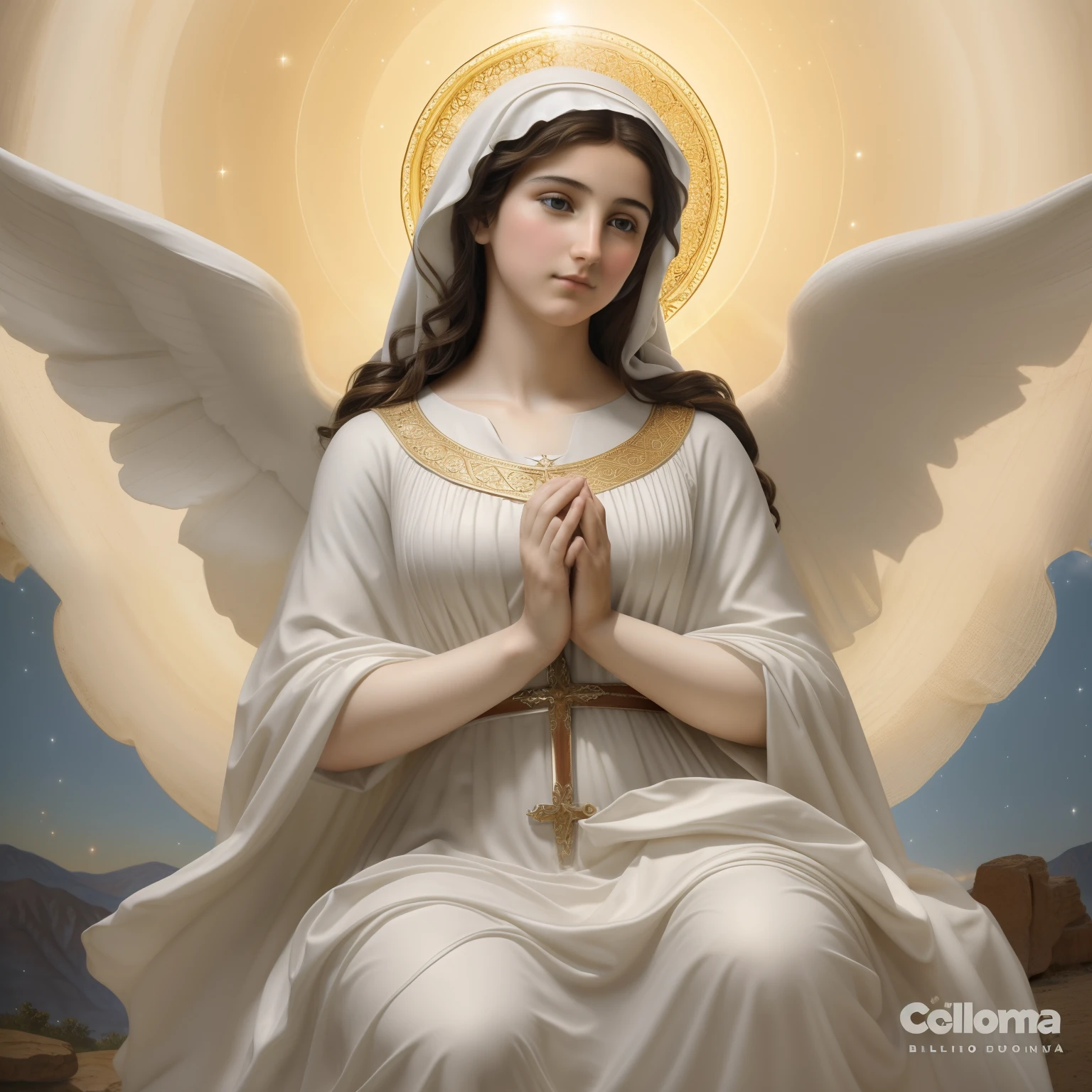 (((Blessed Virgin Mary of Mount Carmel))) Luminoso, en estilo similar al del artista WILLIAM ADOLPHE BOUGUEREAU, obra maestra, (La mejor calidad: 1.2), (super fine: 1.2), illustration, (extremadamente delicado y hermoso: 1.2), movie angle, flotante, (Hermoso ojo de detalle: 1.1), (detalle luz: 1.1), Movie Lights, Cielo delicado, ojos azules, (Cola de caballo alta: 1.1), capa, ojuelos, cielo estrellado, (light particles: 1.1) dibujo, flor. (obra maestra), (La mejor calidad), (fotorrealista:1.3), 8k, Textura detallada de la piel, Textura detallada de la tela, hermosa cara detallada, Detalles intrincados, ultra detallado (cuerpo de cuerpo entero:1.2)