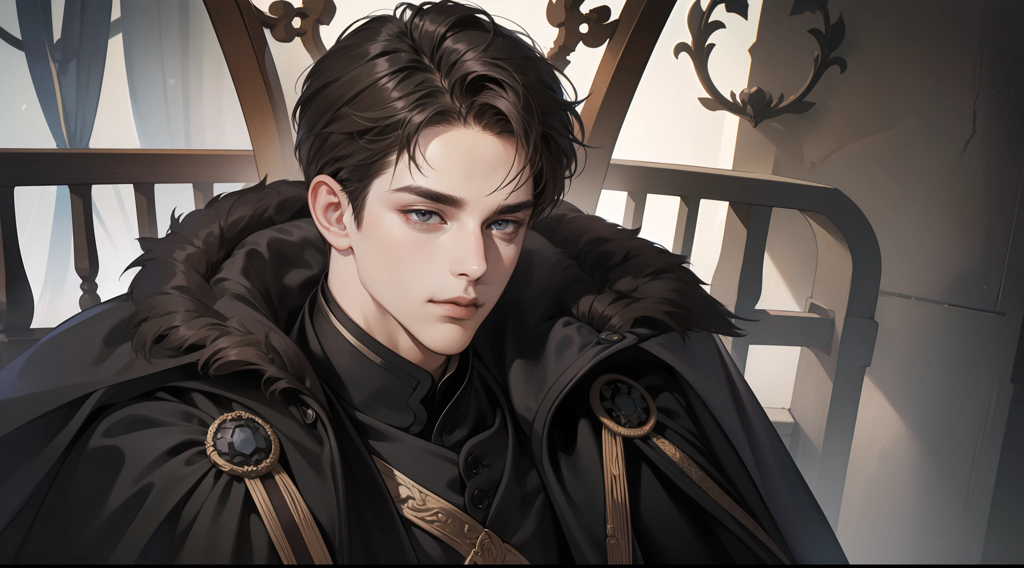 masterpiece, best quality, detailed face, realistic, 1man, mature male, handsome young man, 25 year old, closed mouth, portrait, extremely detailed face, cold and smirk, ((dark grey eyes)), ((short-right-swept dark brown hair)), [thick eyebrows], on the throne, ((long black cape)), ((all black cloth)),