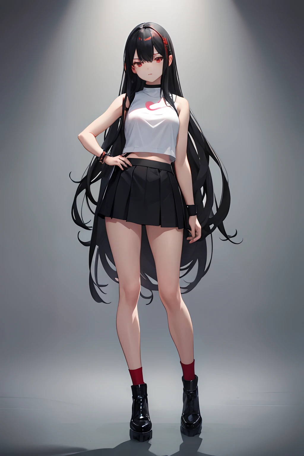 girl wearing sleeveless shirt standing confident, black hair, long hair, black skirt, red eyes, full body, tight fit