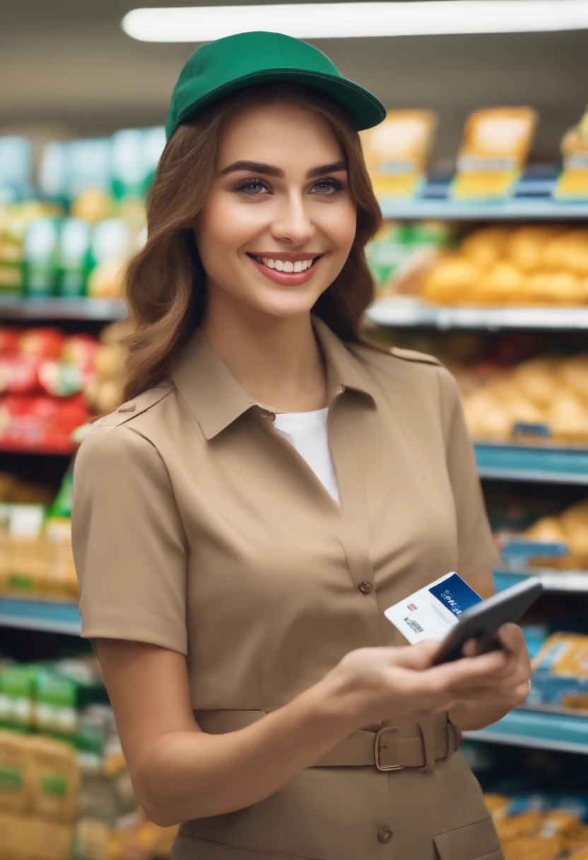 A happy young woman in a uniform and a cap holding a credit card in one hand and a tablet in the other, engaging with an audience in a supermarket