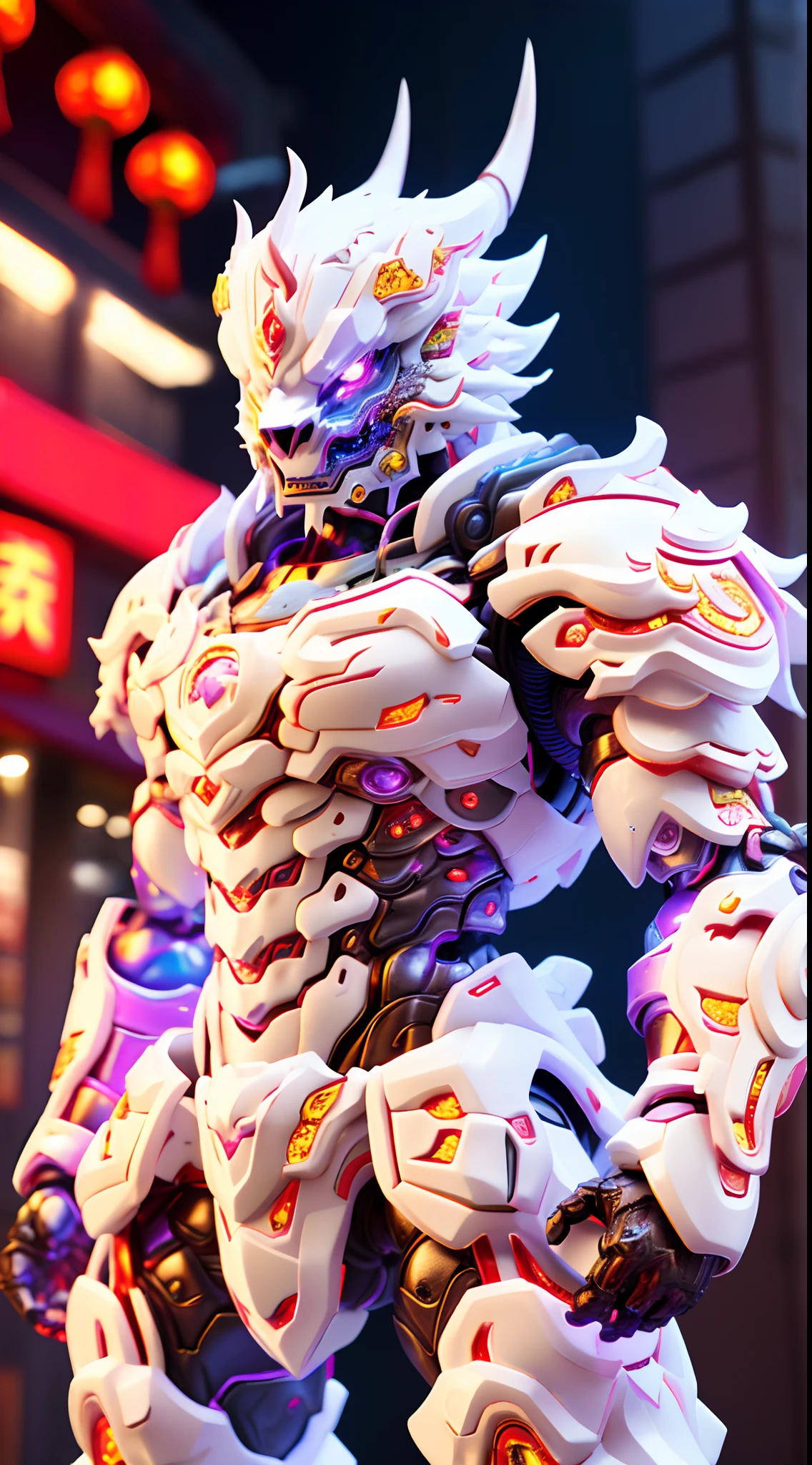 CHINESE DRAGON, WHITE DRAGON HEAD, RAINBOW COLORED, HETEROCHROMIA EYE, CRYSTAL HEAVY ARMOR, TRANSPARANT, MUSCLE BODY.