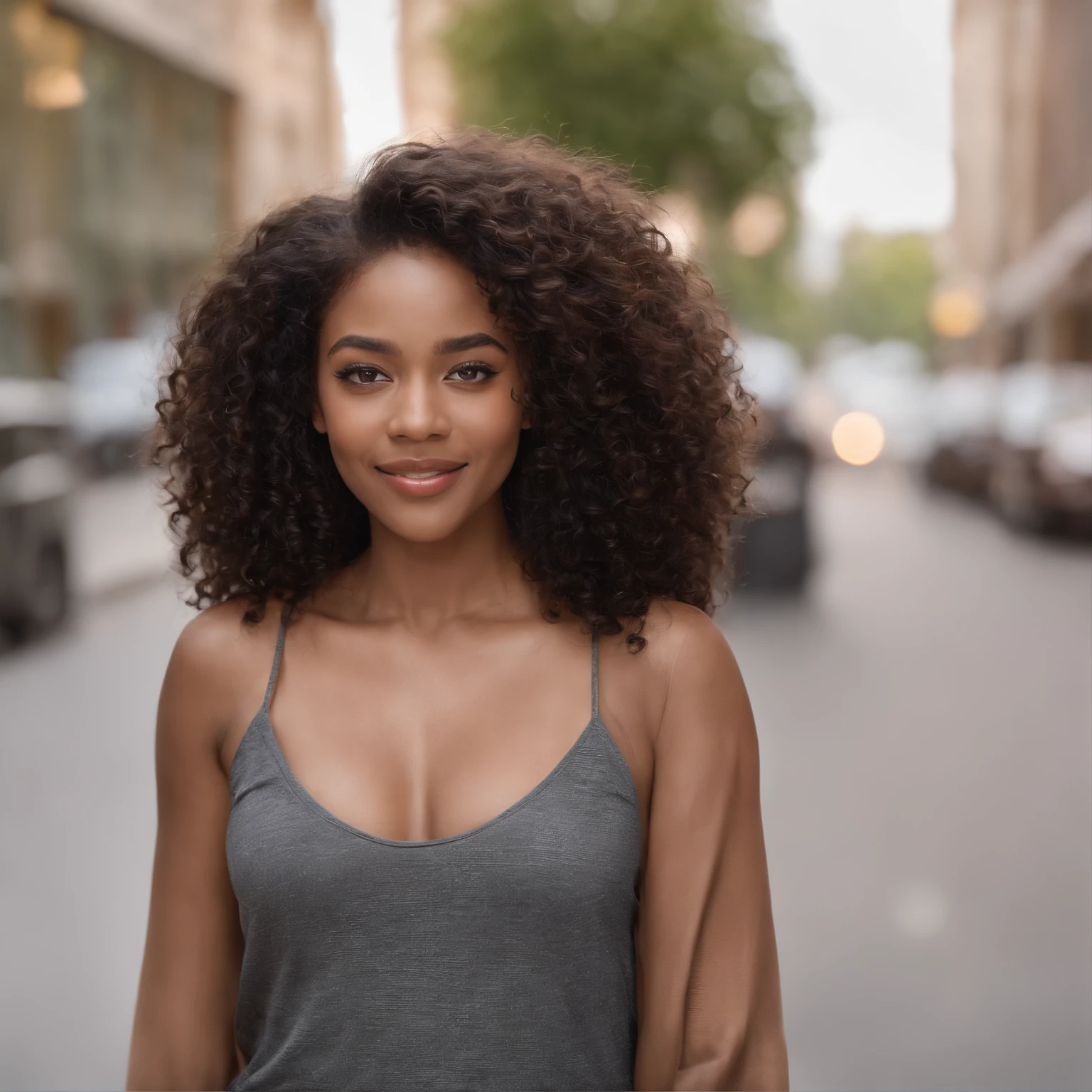 1 black woman, realistic photo, detailed face, empty street, very high detail, curly hair, depth of field, black hair, , full body, pubic hair, smiling.