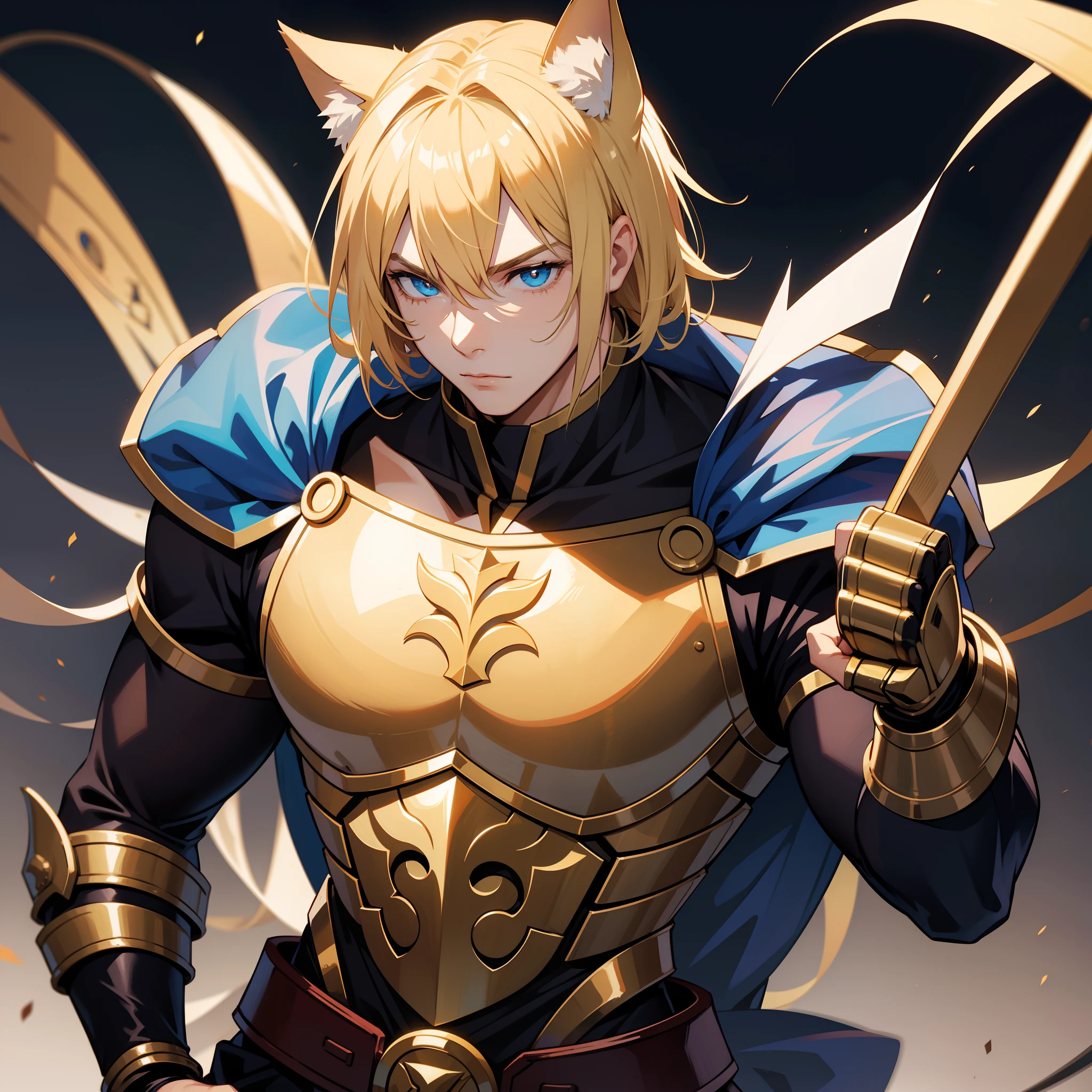 Blonde man with cat ears on head,Gauntlet in hand, musculoso,forte, homem malhado,armadura