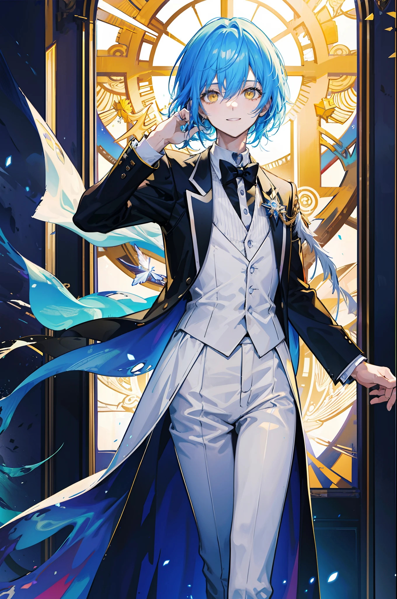 Solo handsome boy, , Man's, Bright blue shaggy hair, Yellow eyes, flat chest, Extremely beautiful, Smile, skin tanned, reach out to viewer, Wearing a white tuxedo, High quality, Stained glass on background, Cologne Cathedral, look at viewr, Very detailed, 8K, Vivid Color, masutepiece, Soft Focus, Atmospheric, candid moments captured, Very beautiful photos real