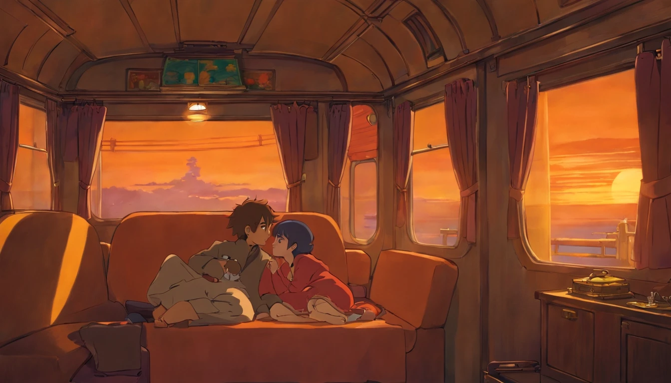 Man and woman sitting A Cozy room inside a train, comfy bed, window, and its nighttime outside, dim orange light, dark outside, very cozy room inside the train.