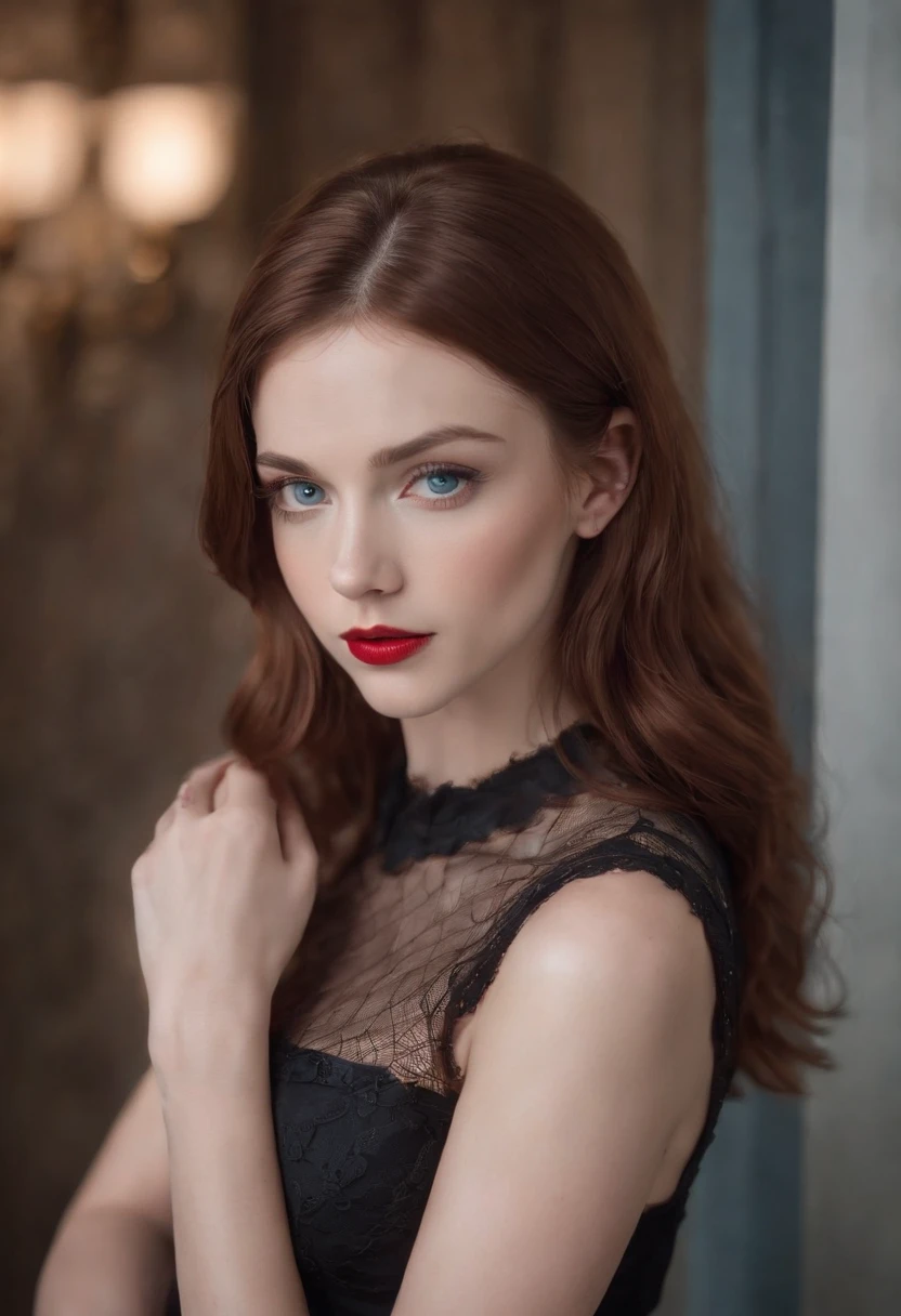reddish brown hair girl, blue eyes, beautiful, full body, small breasts, wearing a black short dress with fishnet stockings, high heels, red lipstick, full body from head to feet