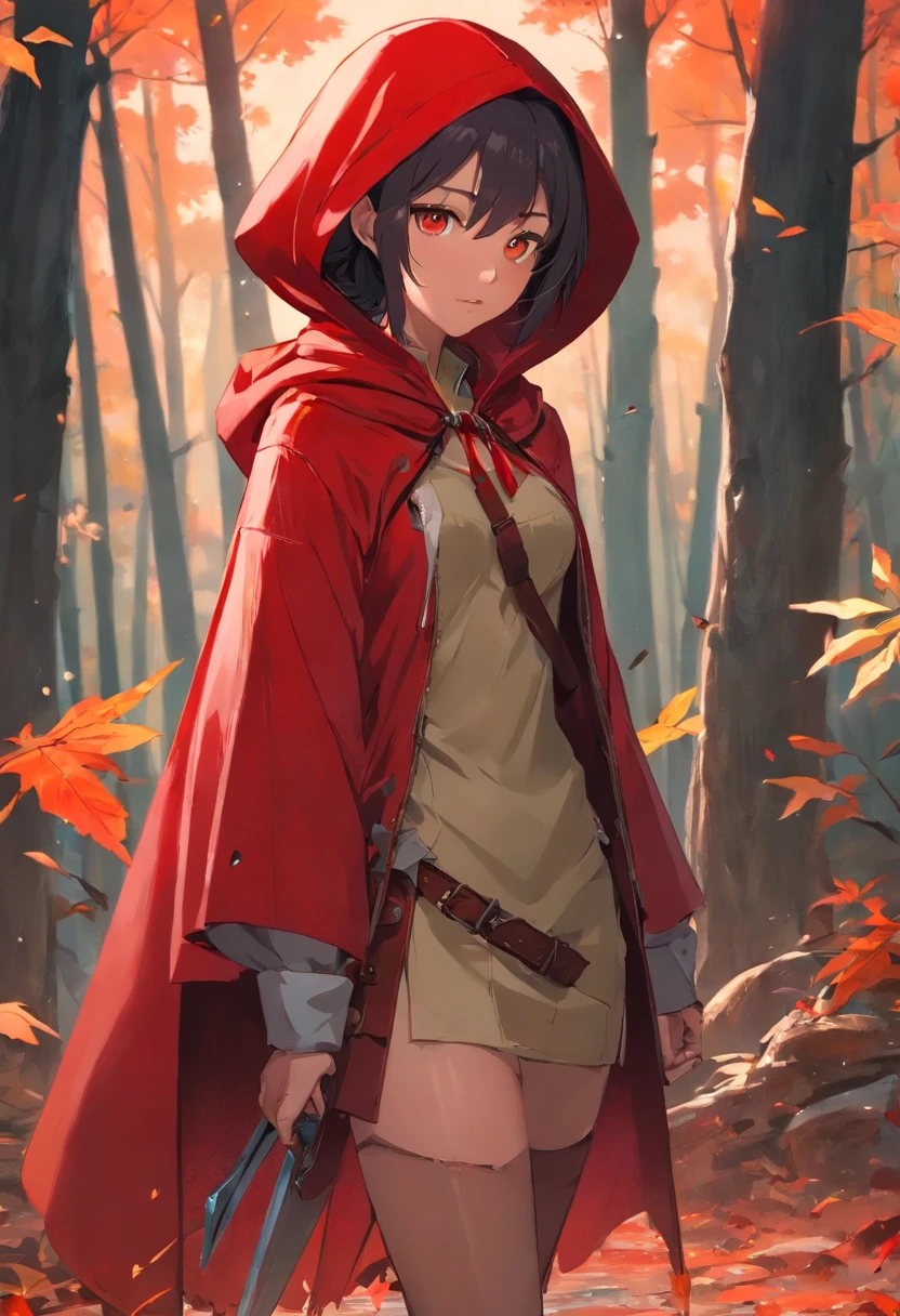 That beautiful Little Red Riding Hood，Little Red Riding Hood floats in the air with a cold expression。She looked 12 or ************，complexion is pale，Tall and tall，cold and glamorous，Full of wildness，Her hood、The shawl was bright red as blood，Under her shawl，It is a linen power suit with a bundled body.，Has a leather shoulder strap on the chest，Wear a python fur belt around your waist，Pedal Deerskin Boots。Eta、What fits this outfit，It was a short sword that shone in the cold light、Hammer and throwing knife... An invisible force bloomed from within her，Form a perfect circle force field，The surface of the mud underfoot is semicircular and concave。subtle makeup，prime time，realisticlying，highly contrast，8K HD，A detailed，Hyper-detailing，realistic skin textures，Cover the red hood，large cleavage，best qualtiy，超A high resolution，RAW photogr，dramatic  lighting，unrealengine，diffuse glow，intricate red hood，outside of house，realistic detailed dark forest，leaves falling，light wind，（Take the head of a slaughter wolf、dripping blood）