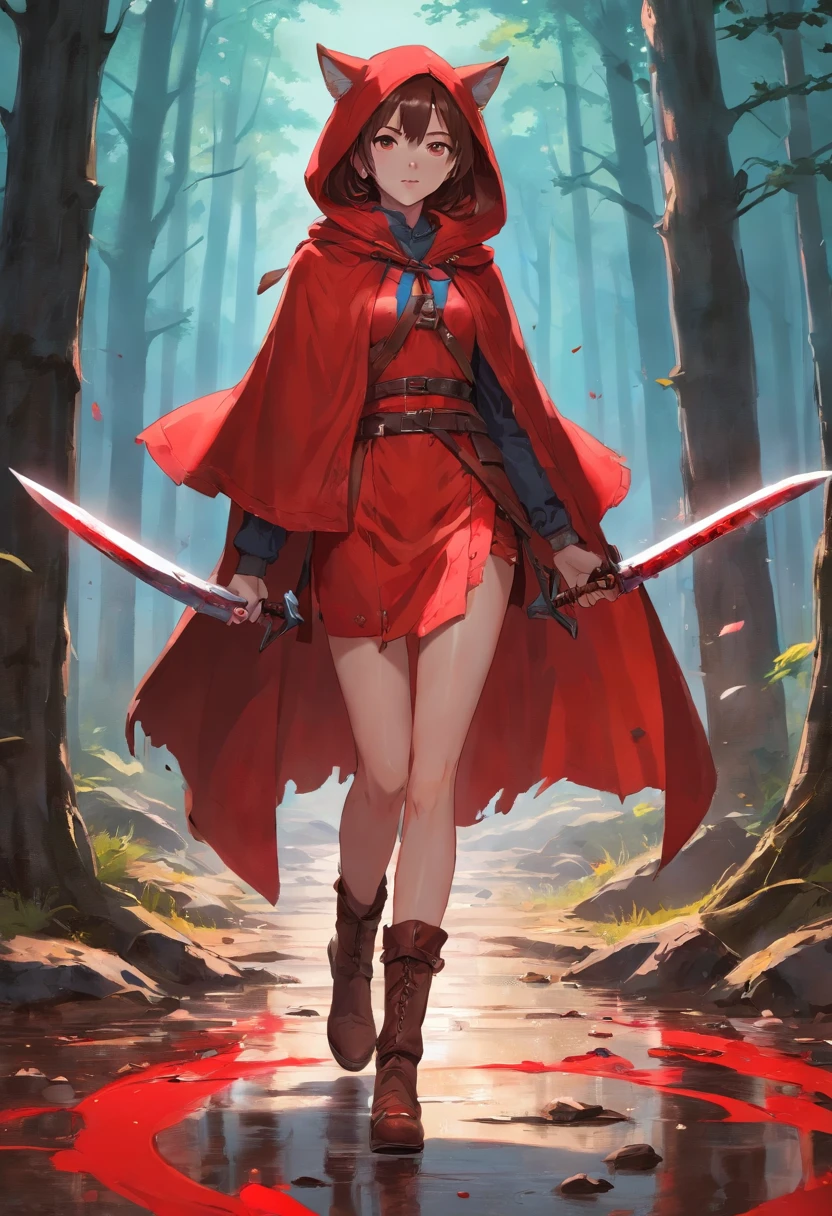 That beautiful Little Red Riding Hood,Little Red Riding Hood floats in the air with a cold expression。She looked or 13omplexion is pale,Tall and tall,cold and glamorous,Full of wildness,Her hood、The shawl was bright red as blood,Under her shawl,It is a linen power suit with a bundled body.,Has a leather shoulder strap on the chest,Wear a python fur belt around your waist,Pedal Deerskin Boots。Eta、What fits this outfit,It was a short sword that shone in the cold light、Hammer and throwing knife... An invisible force bloomed from within her,Form a perfect circle force field,The surface of the mud underfoot is semicircular and concave。subtle makeup,prime time,realisticlying,highly contrast,8K HD,A detailed,Hyper-detailing,realistic skin textures,Cover the red hood,large cleavage,best qualtiy,超A high resolution,RAW photogr,dramatic lighting,unrealengine,diffuse glow,intricate red hood,outside of house,realistic detailed dark forest,leaves falling,light wind,(Take the head of a slaughter wolf、dripping blood)
