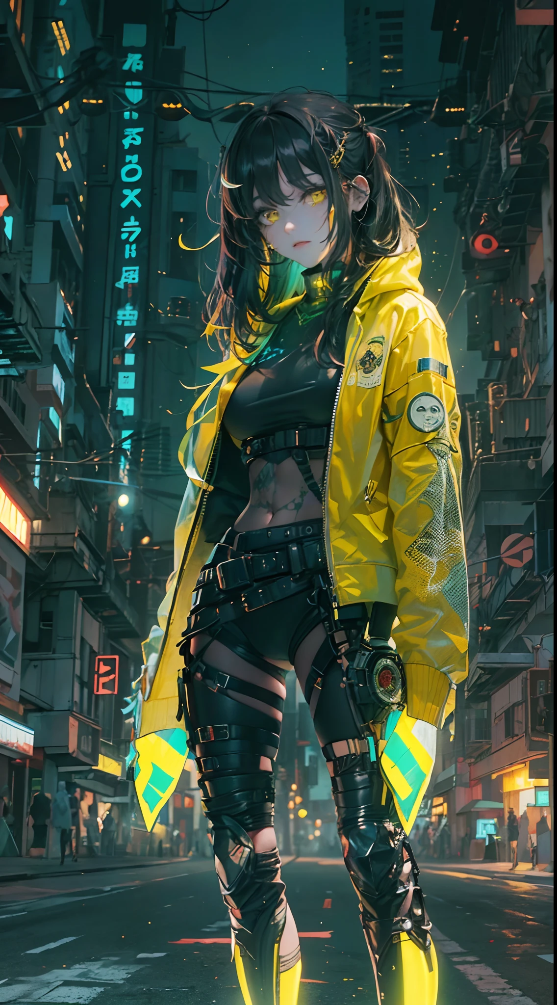 (1girl in)、(Plump beauty)、(Black hair)、(30-years old)、(Top image quality)、(8K picture quality)、(cyberpunked)、(masutepiece)、 (Flickering of light)、(Wear a cyberpunk military uniform)、cinematric light, Cinema Shadow, Sharp Image, Extremely detailed, Volumetric, Bright sprites, particles effect, beautiful effects, Vivid colors, neons, Neon light, Highly detailed image textures, detailed hairs, Detailed eyes, city、Dark hair、Eyes glow、(Yellow aura emanating from clothes:1.5)、Photo from the knee up、