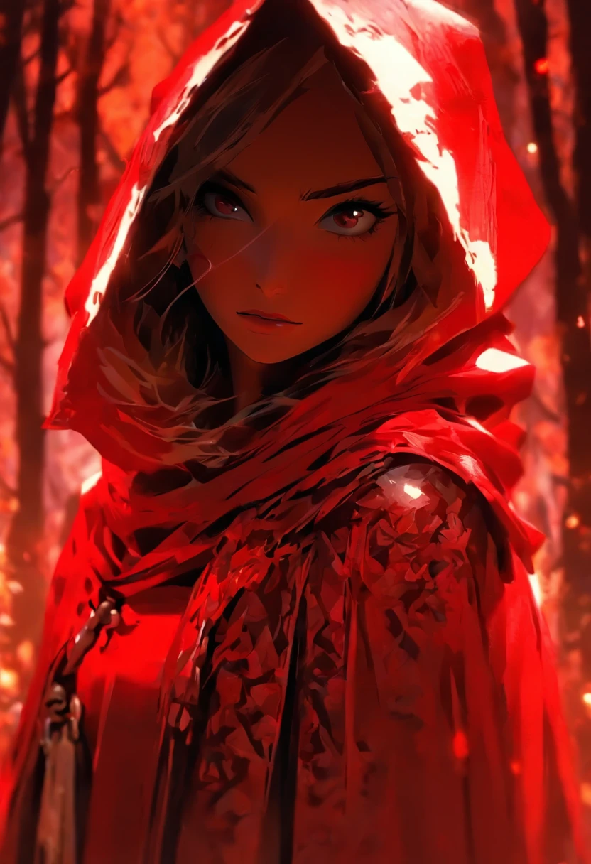 That beautiful Little Red Riding Hood,Little Red Riding Hood floats in the air with a cold expression。She looked 12 or 13 years old,complexion is pale,Tall and tall,cold and glamorous,Full of wildness,Her hood、The shawl was bright red as blood,Under her shawl,It is a linen power suit with a bundled body..,Has a leather shoulder strap on the chest,Wear a python fur belt around your waist,Pedal Deerskin Boots。Eta、What fits this outfit,It was the dagger that shone in the cold light、Hammer and throwing knife... An invisible force bloomed from within her,Form a force field for a perfect circle,The surface of the mud underfoot is semicircular and concave。subtle makeup,prime time,realisticlying,highly contrast,8K HD,A detailed,Hyper-detailing,realistic skin textures,Cover the red hood,Large cleavage,best qualtiy,超A high resolution,RAW photogr,dramatic lighting,unrealengine,diffuse glow,intricate red hood,outside of house,realistic detailed dark forest,leaves falling,light wind,(Take the head of a slaughter wolf、dripping blood)
