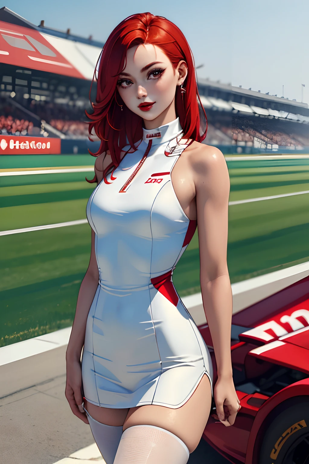 (​masterpiece:1.4)、(top-quality:1.4)、
1girl in, F1's bewitching grid girl, Red-haired, looking at the viewers, 独奏 ,realisitic,(shinny skin),(​masterpiece:1.4),(top-quality:1.4),red-lips、racing venue, clear eyes, perfect hands